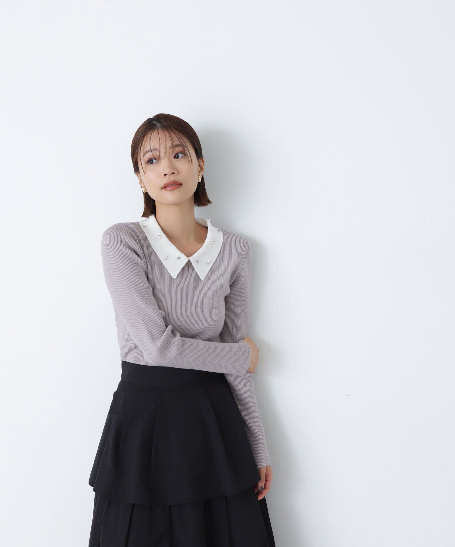  「ビジューパールカラーニット　24AW」|ニット・セーター|グレー&times;オフ2