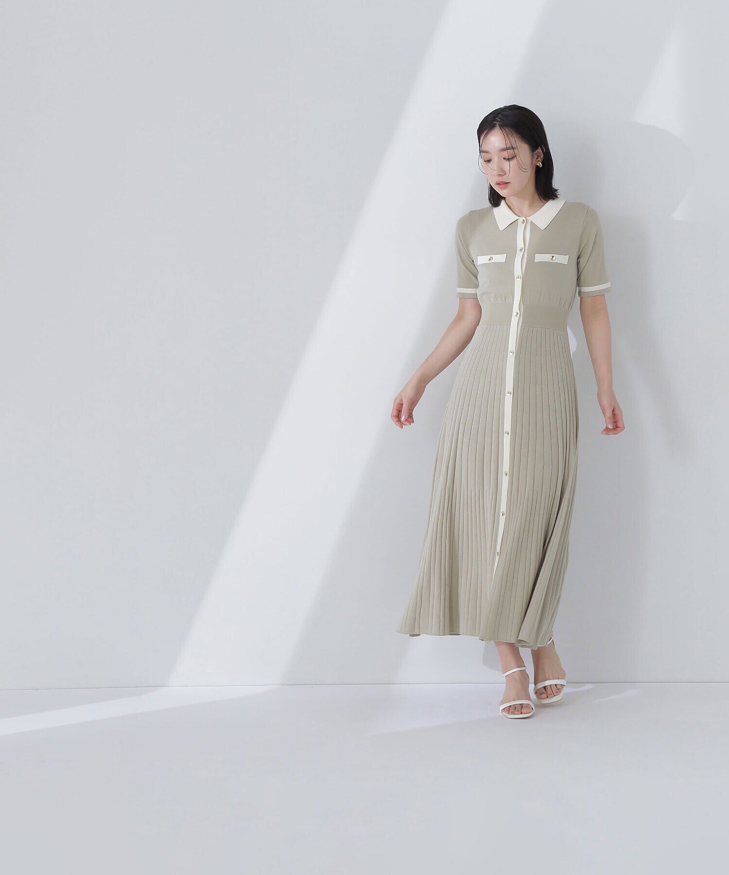  「ポロバイカラーニットワンピース」|ワンピース|グリーン&times;オ  2