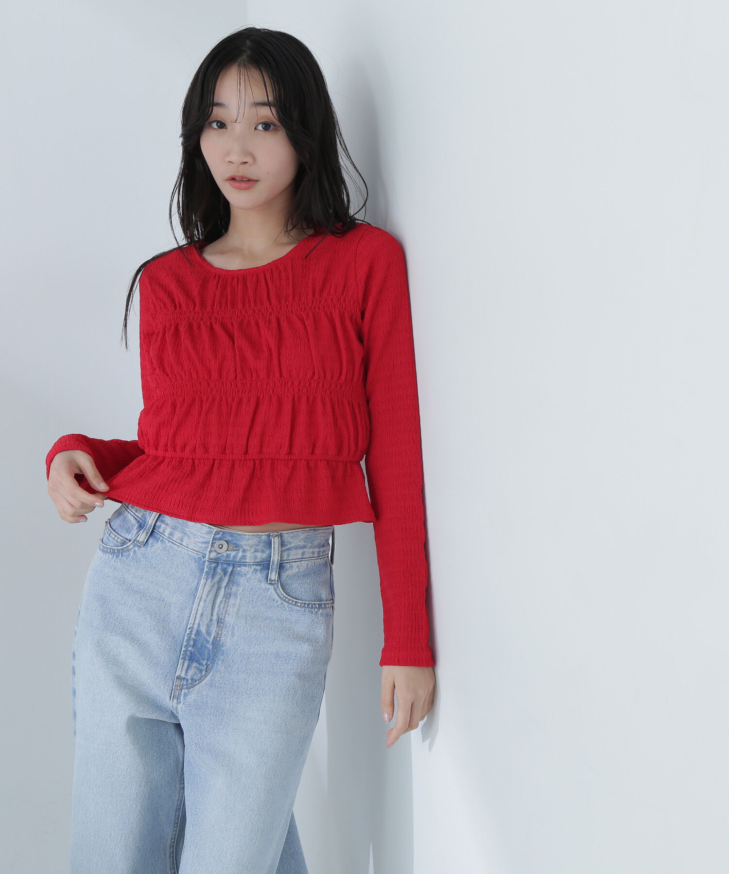  「シャーリングペプラムトップス」|Tシャツ・カットソー|