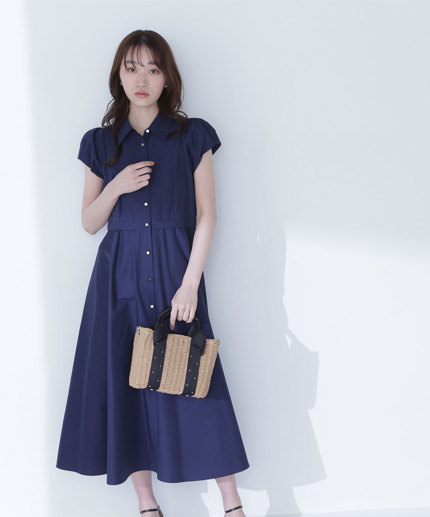 「タックパフシャツワンピース」|ワンピース|ネイビー