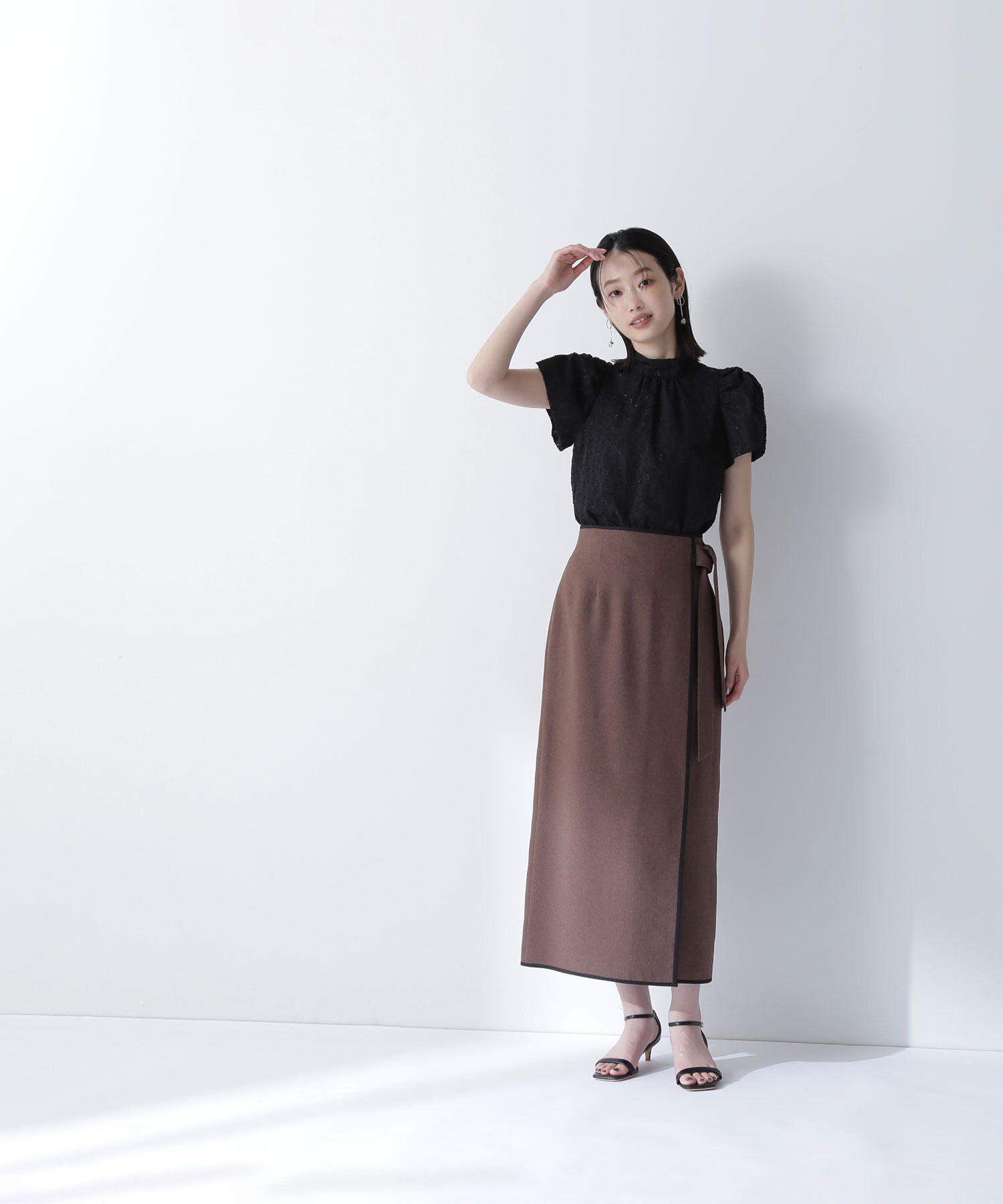  「バイカラーラップナロースカート」|スカート|ブラウン&times;ク  2