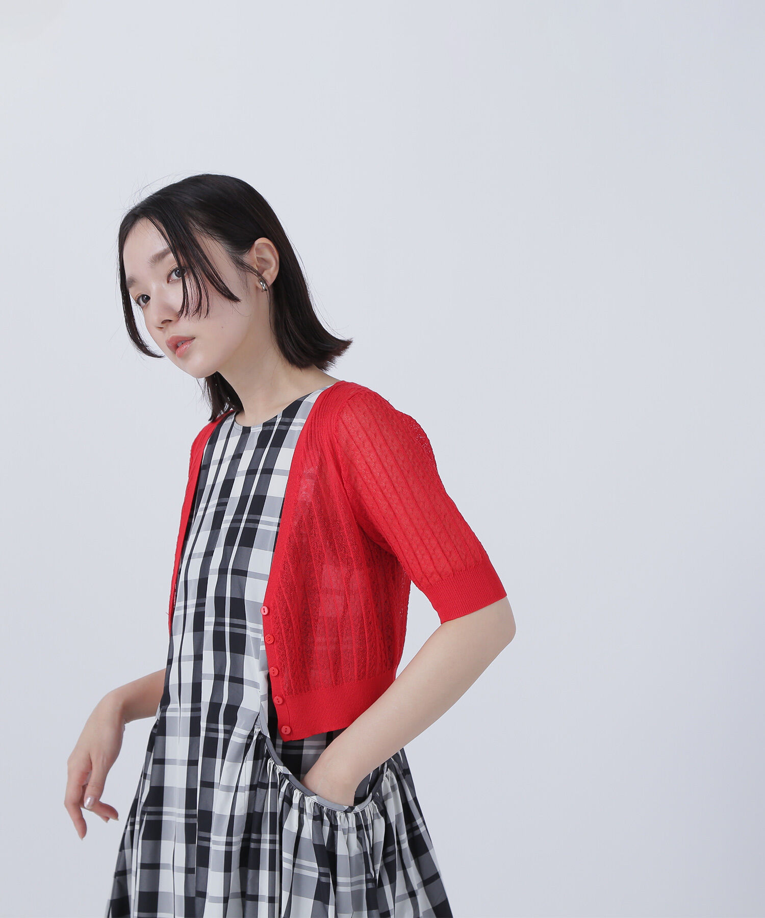  「柄編みリブショートカーディガン」|ニット・セーター|アカ