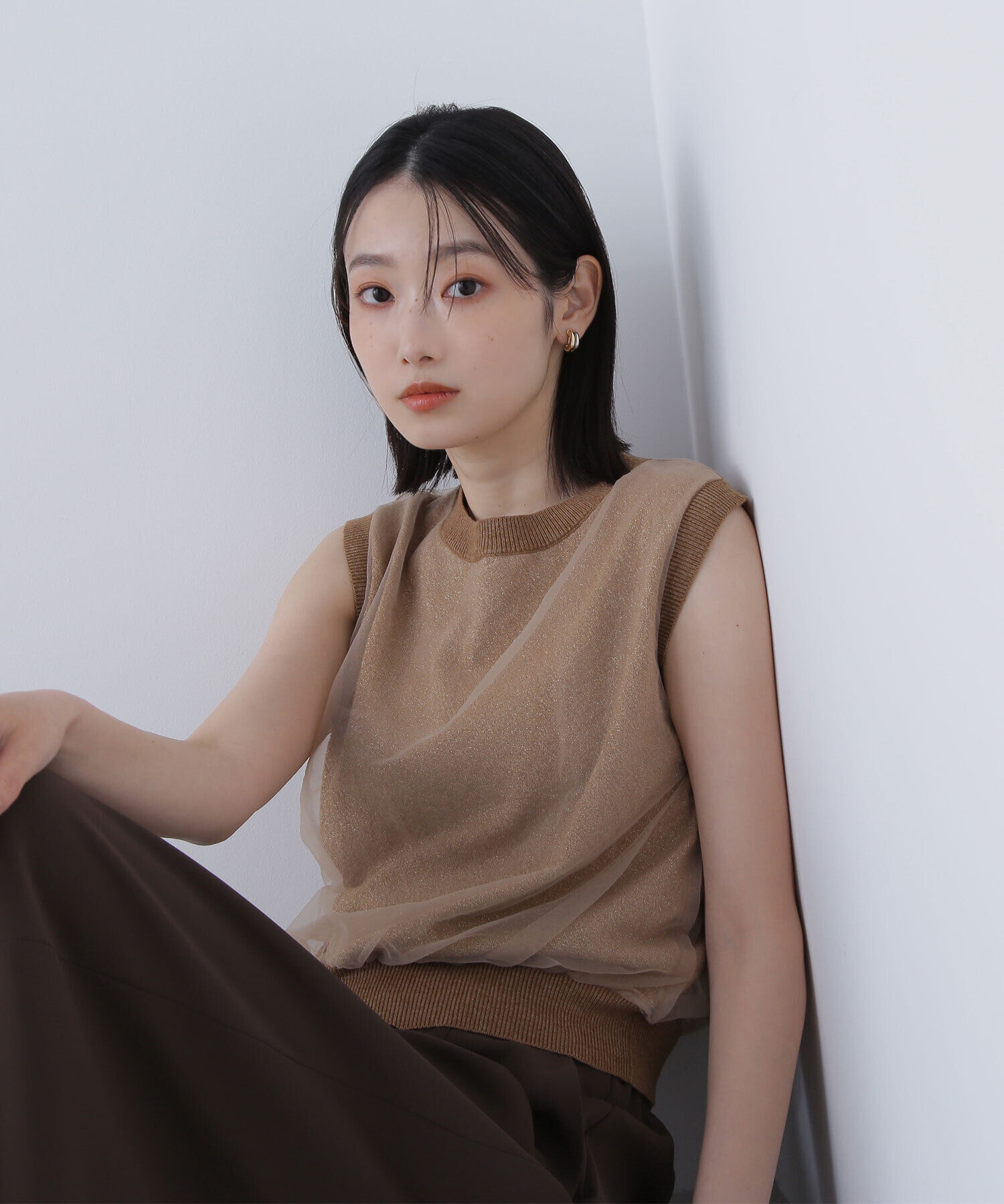  「チュールレイヤードニット」|ニット・セーター|キャメル1