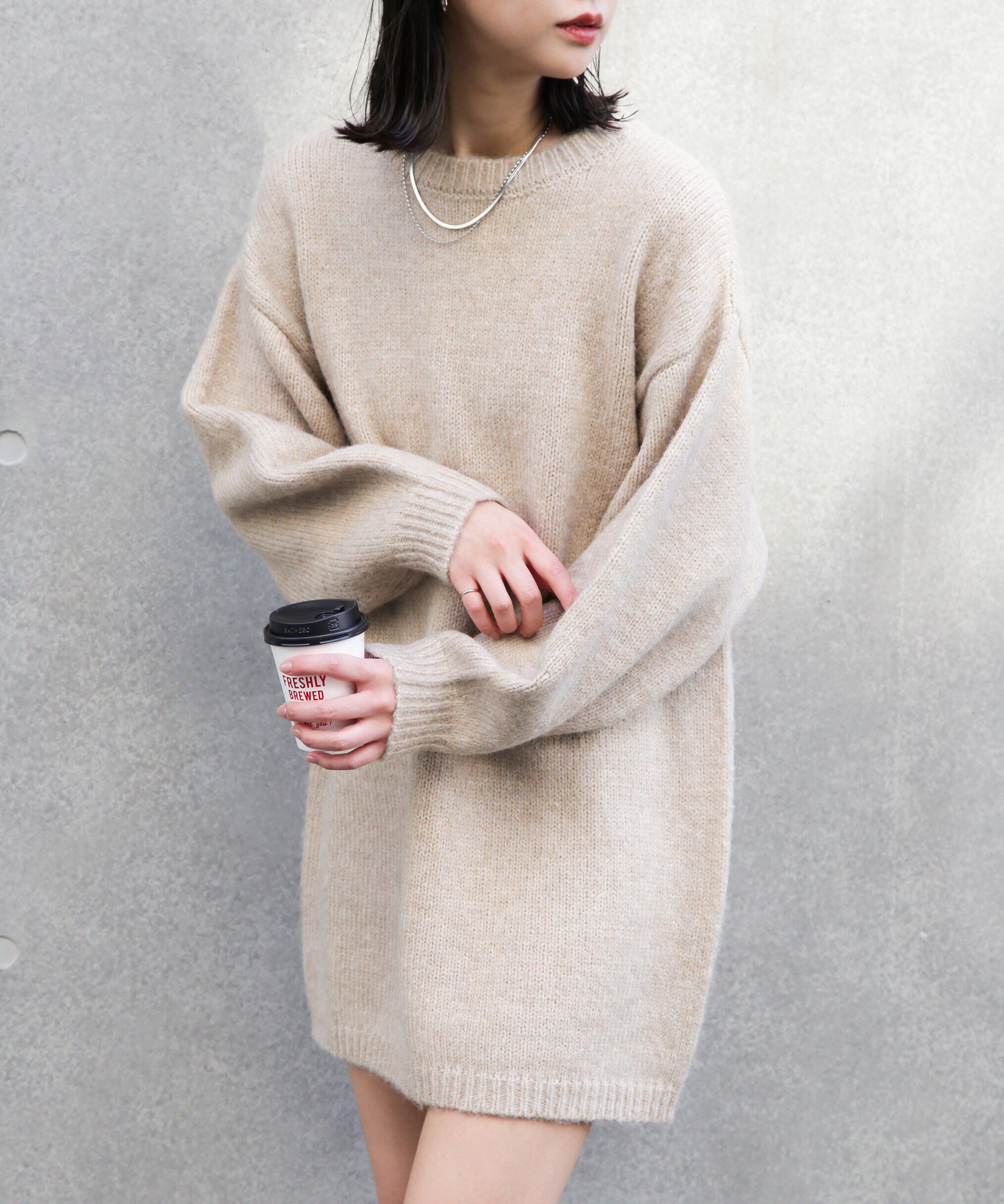  「杢ストレッチクルーネックミニニットワンピース」|ワンピース|ベージュ