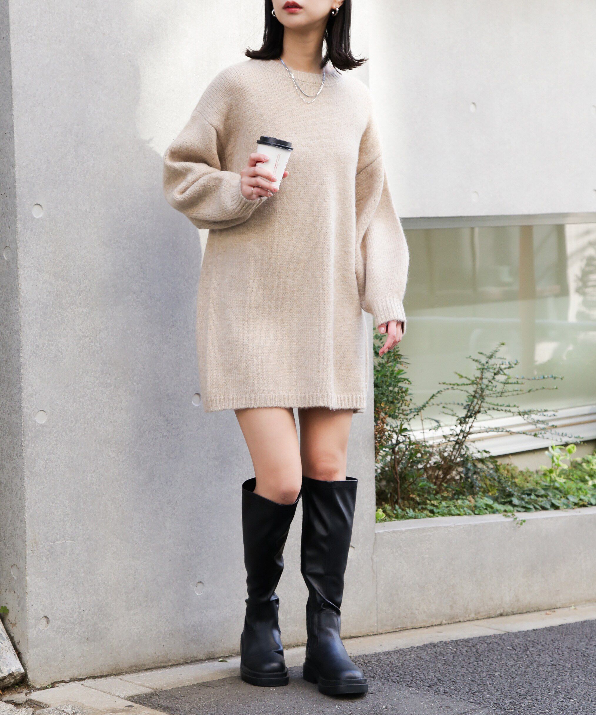  「杢ストレッチクルーネックミニニットワンピース」|ワンピース|