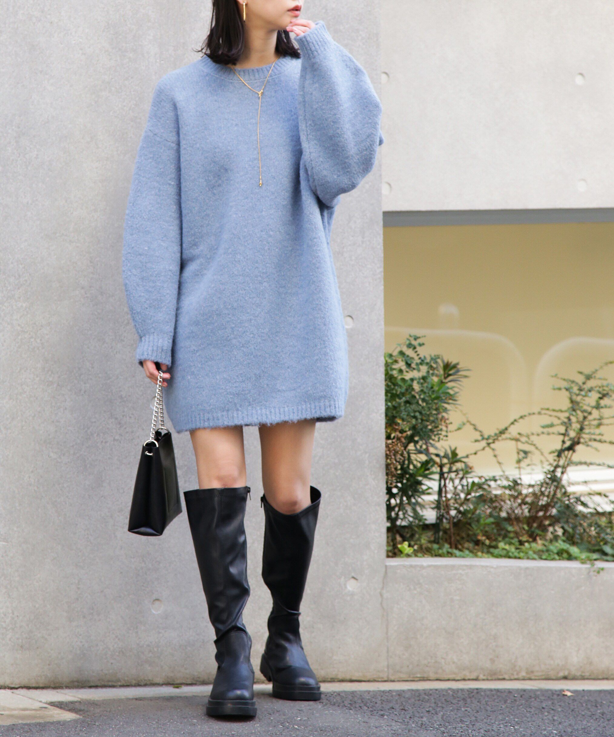  「杢ストレッチクルーネックミニニットワンピース」|ワンピース|