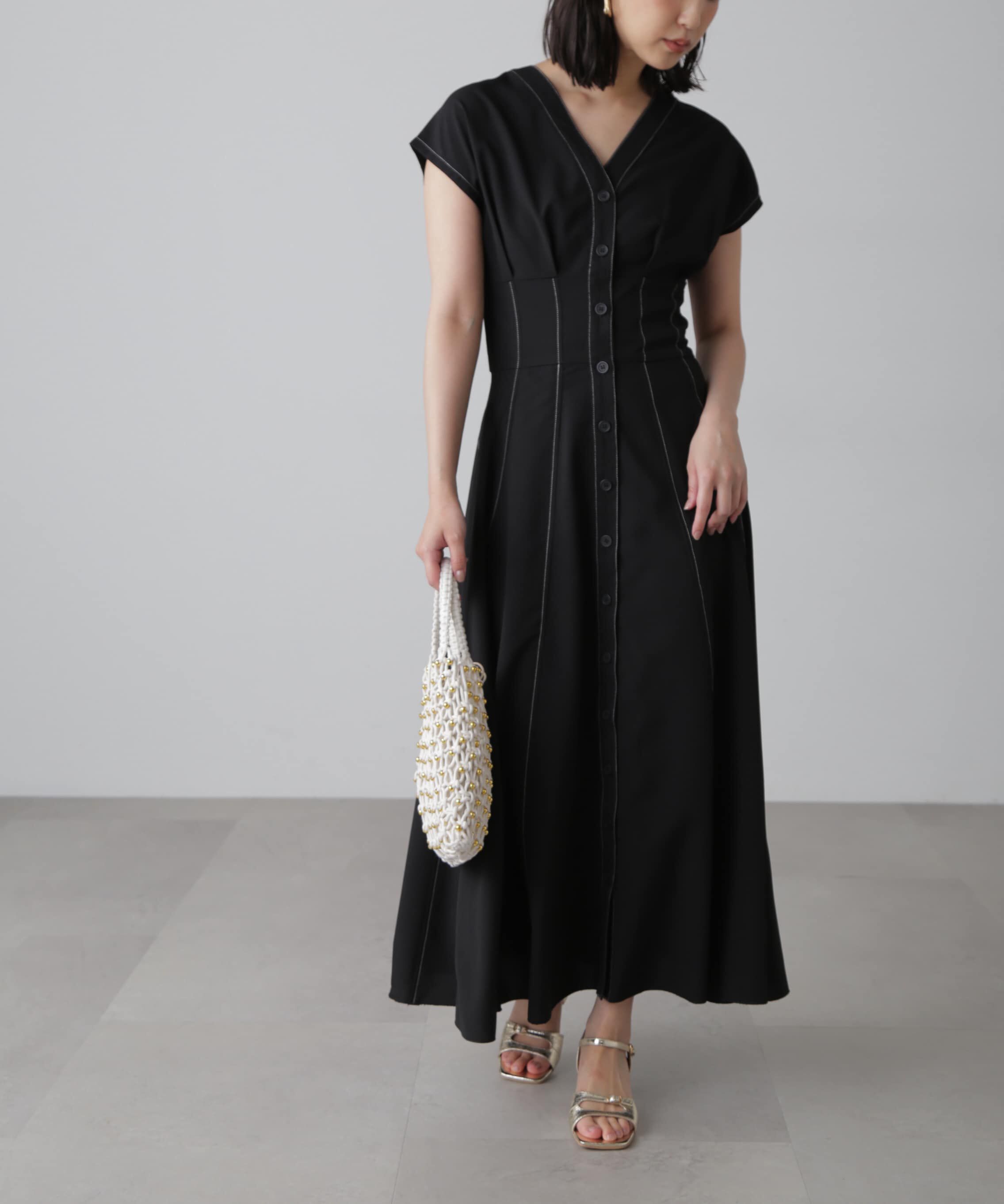  「ウエストシェイプ配色ステッチワンピース」|ワンピース|