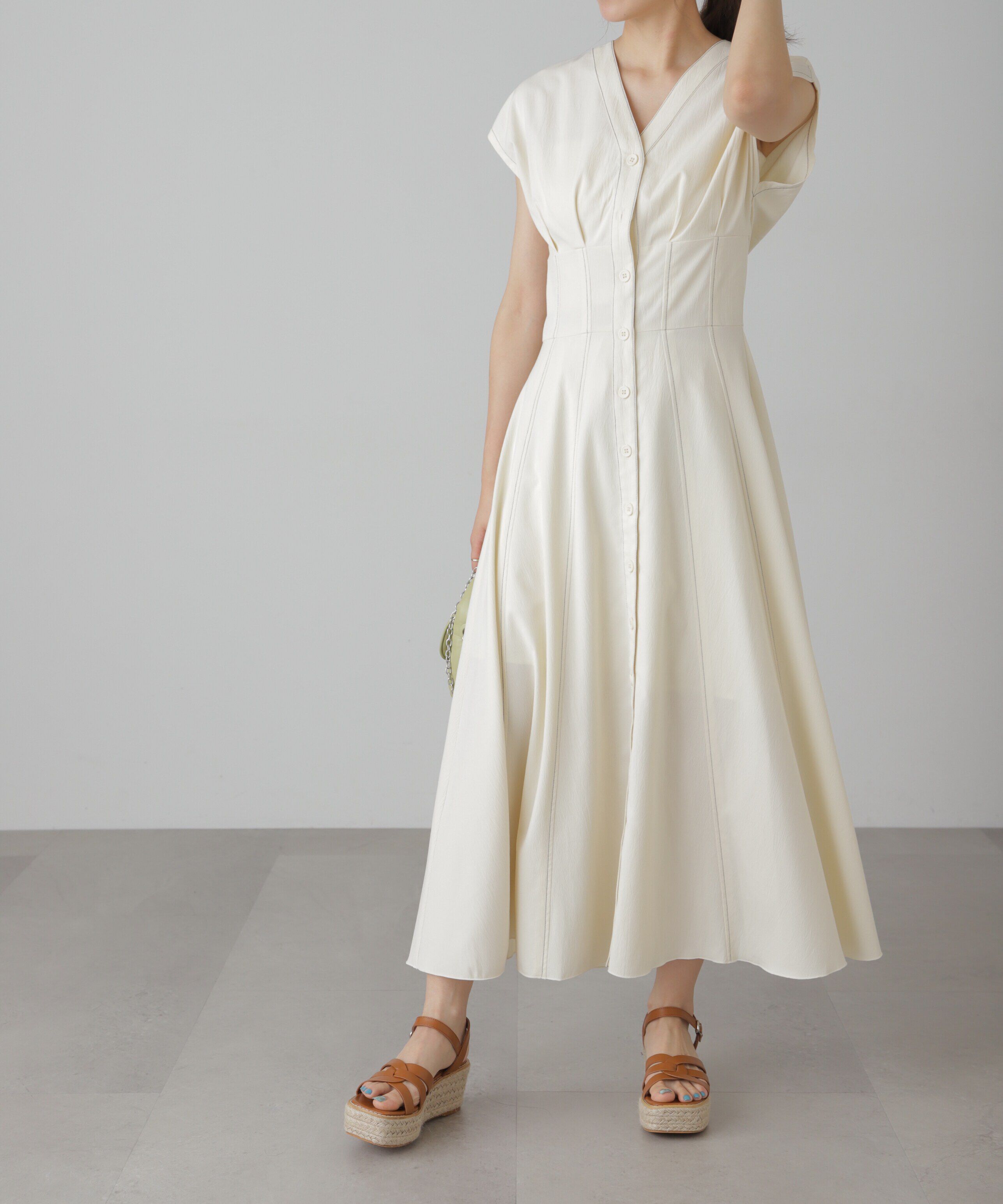  「ウエストシェイプ配色ステッチワンピース」|ワンピース|