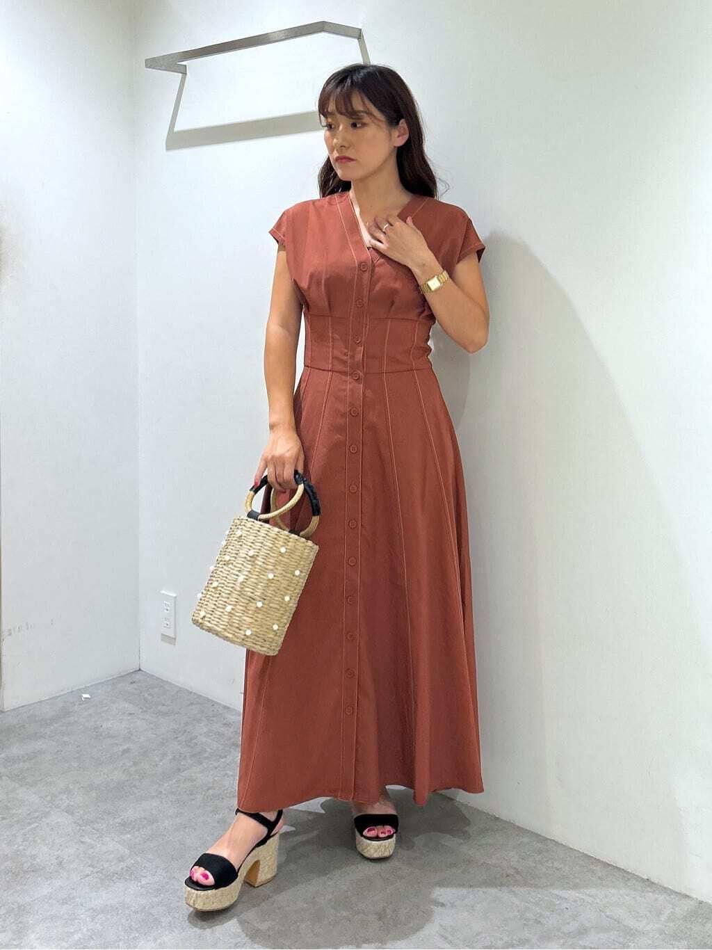  「ウエストシェイプ配色ステッチワンピース」|ワンピース|