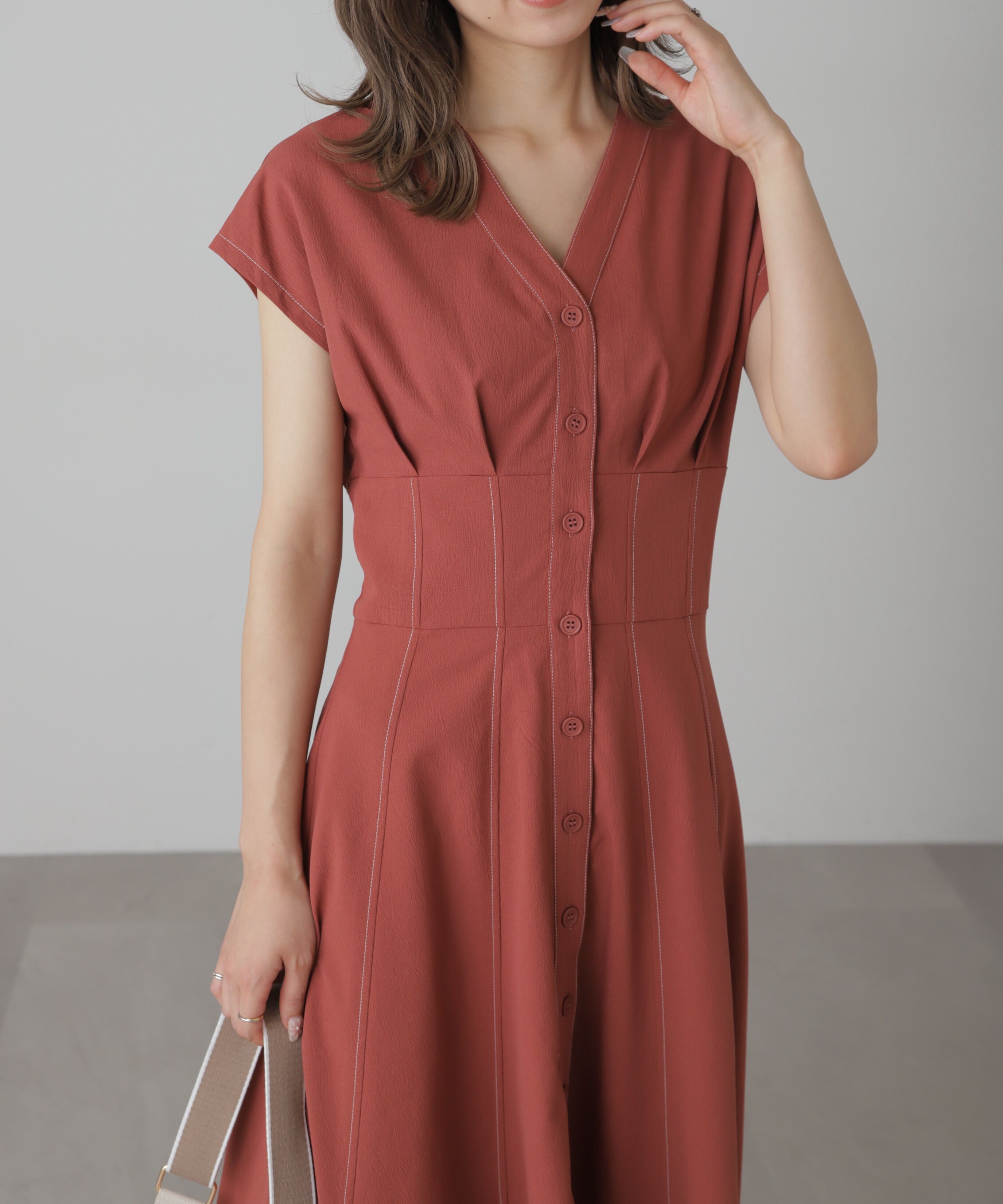  「ウエストシェイプ配色ステッチワンピース」|ワンピース|