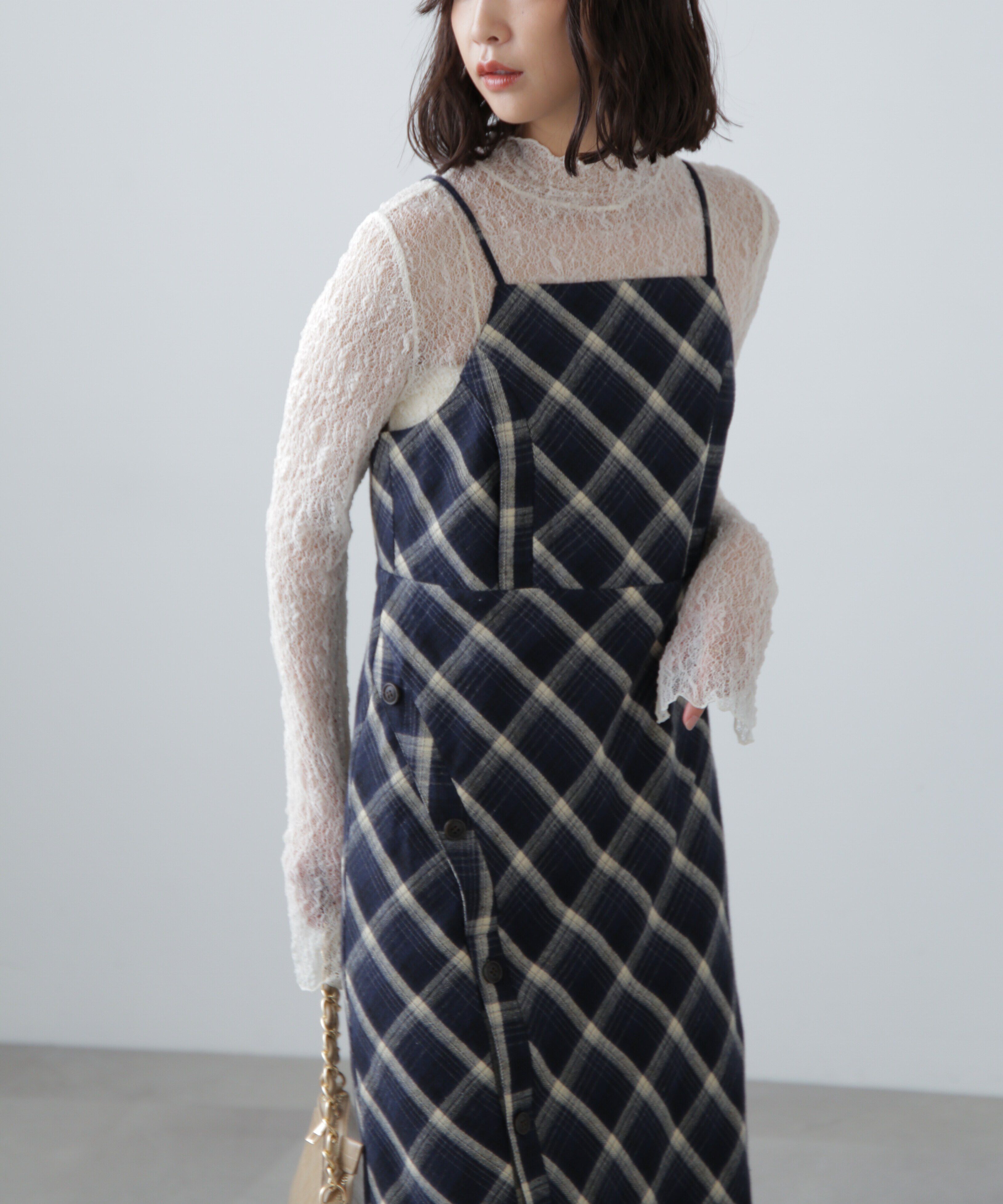  「ボタンスリットチェックキャミワンピース」|ワンピース|