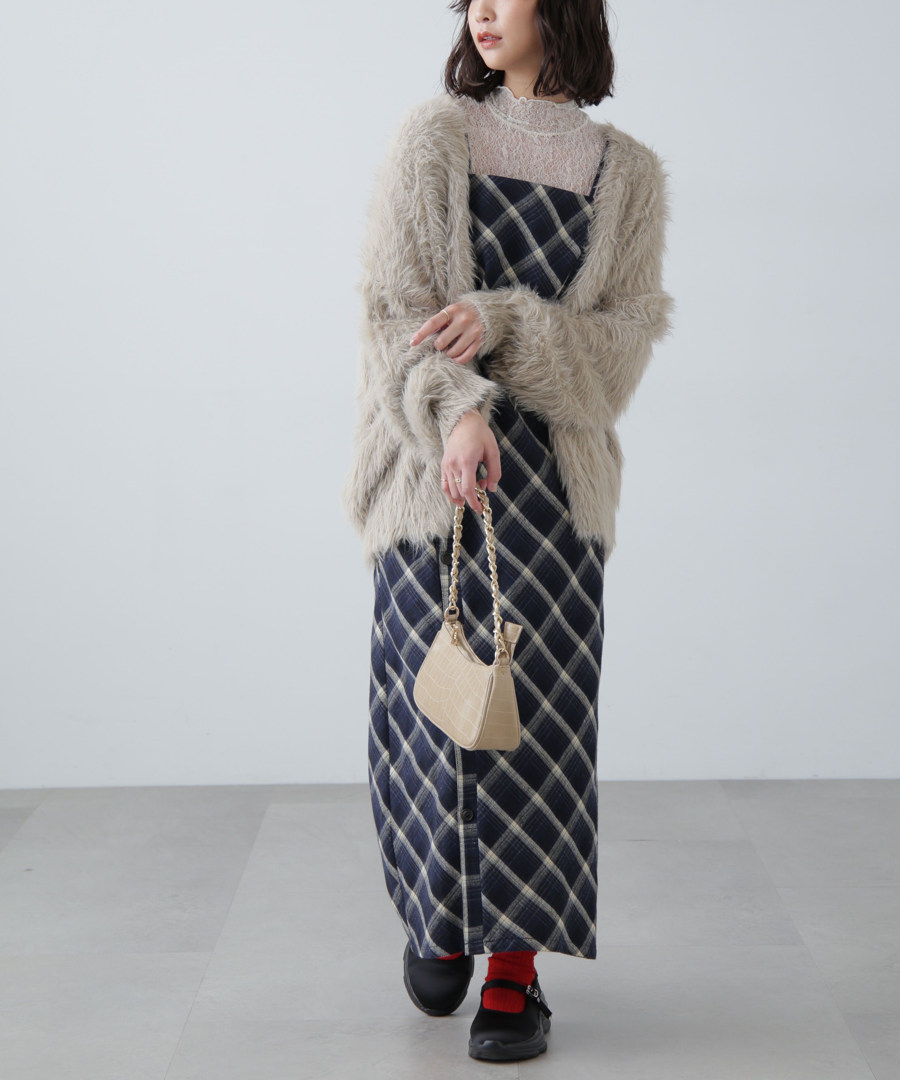  「ボタンスリットチェックキャミワンピース」|ワンピース|