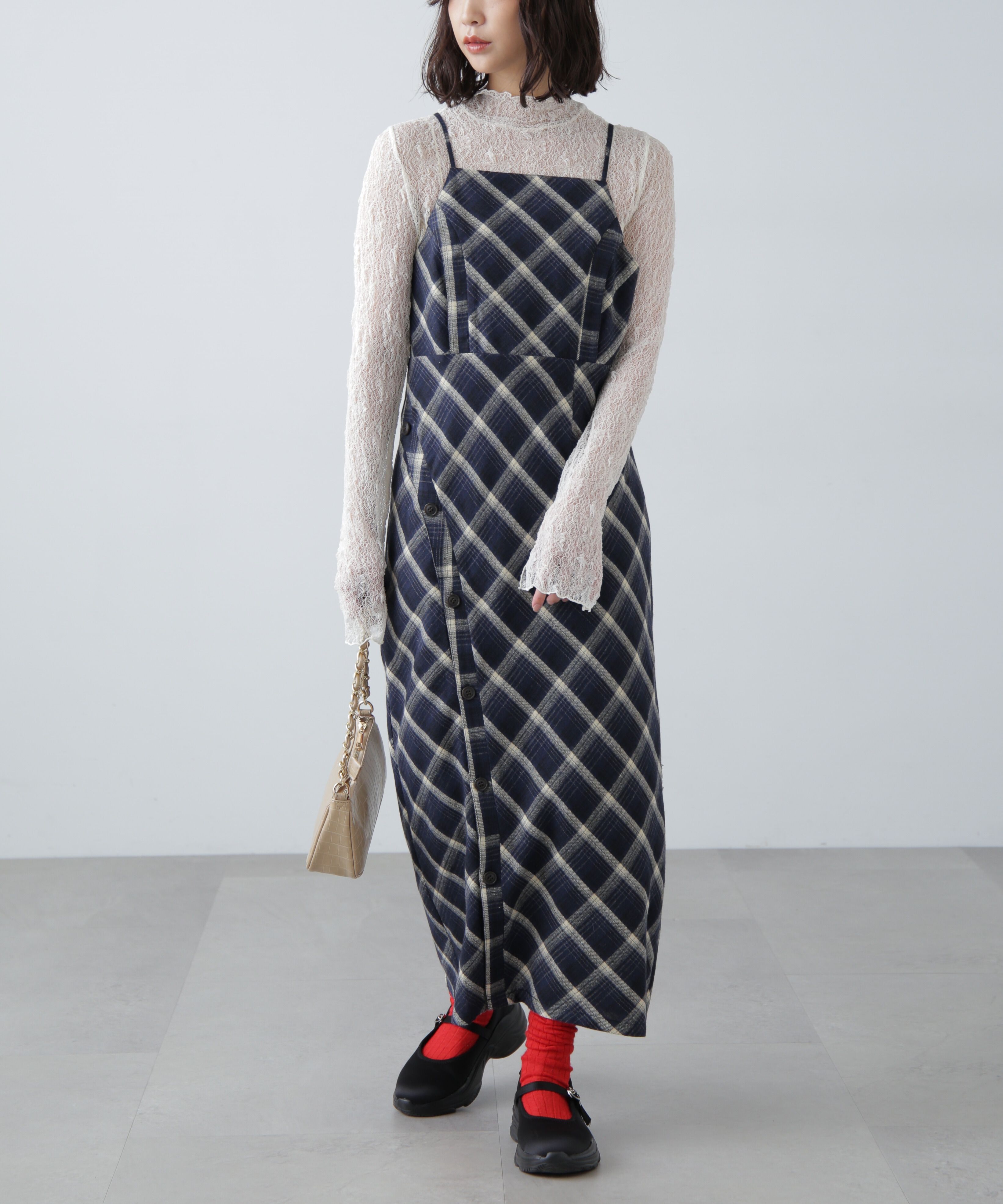  「ボタンスリットチェックキャミワンピース」|ワンピース|