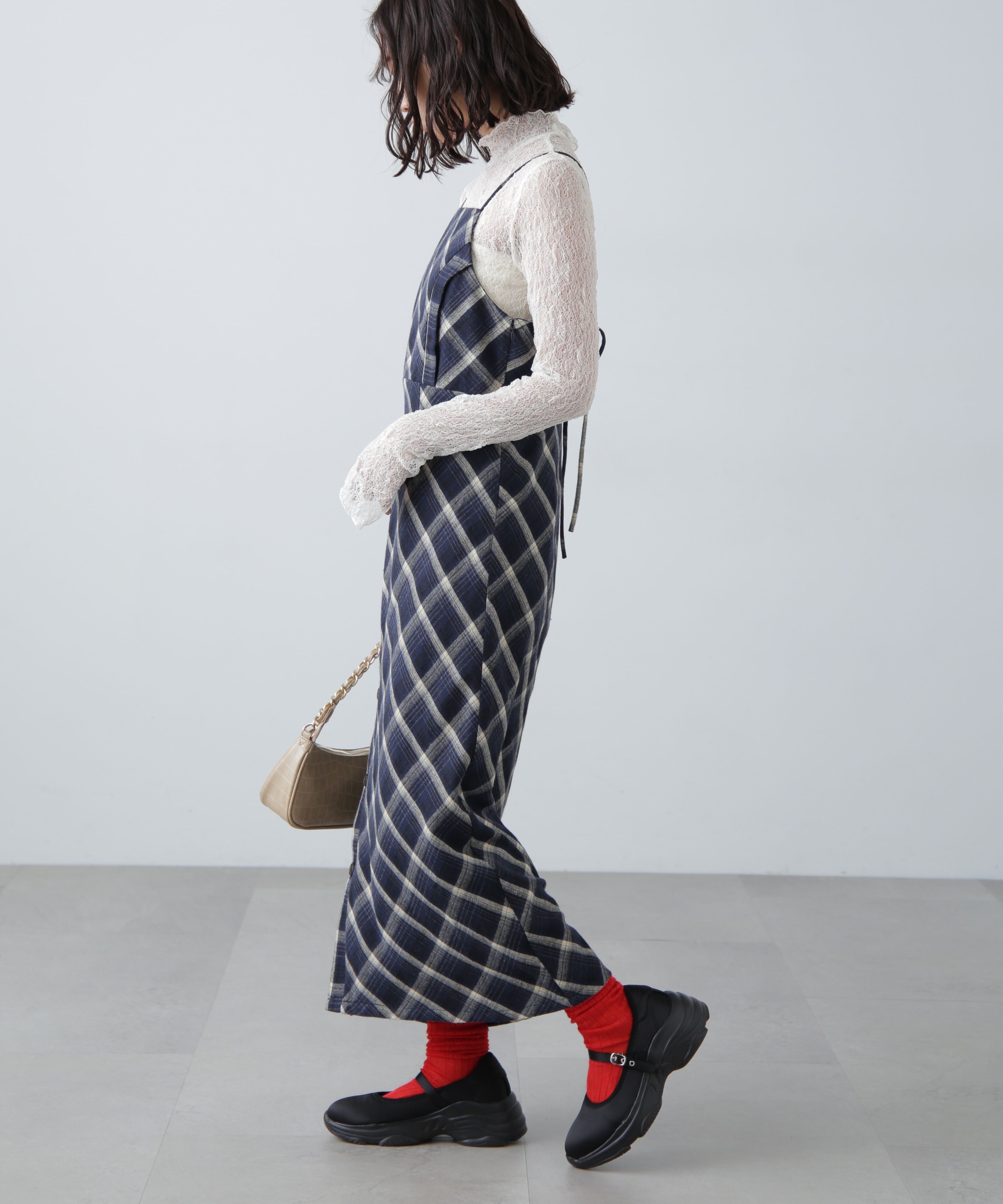  「ボタンスリットチェックキャミワンピース」|ワンピース|