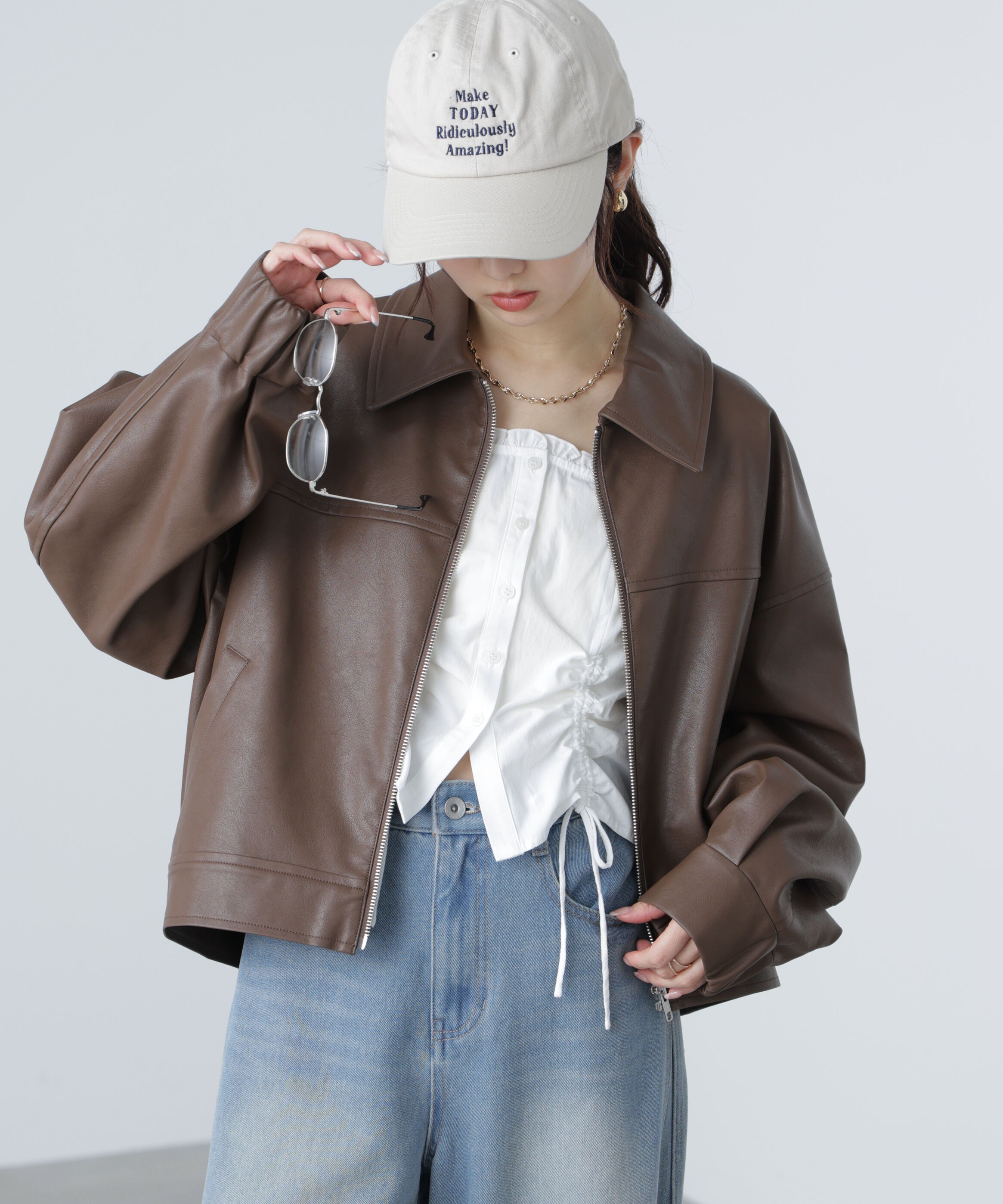  「合皮ジップアップブルゾン」|ブルゾン・スタジャン|ブラウン