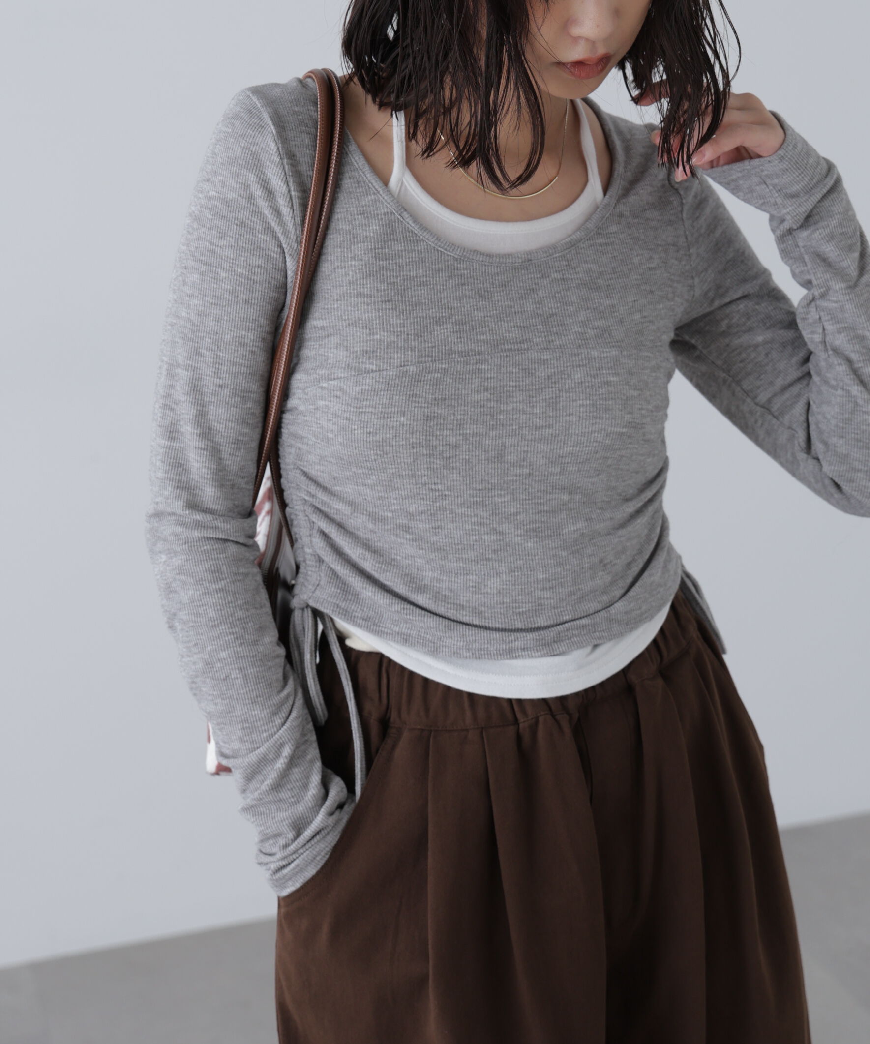  「ホルターネックレイヤードサイドドロストカットソー」|Tシャツ・カットソー|グレー