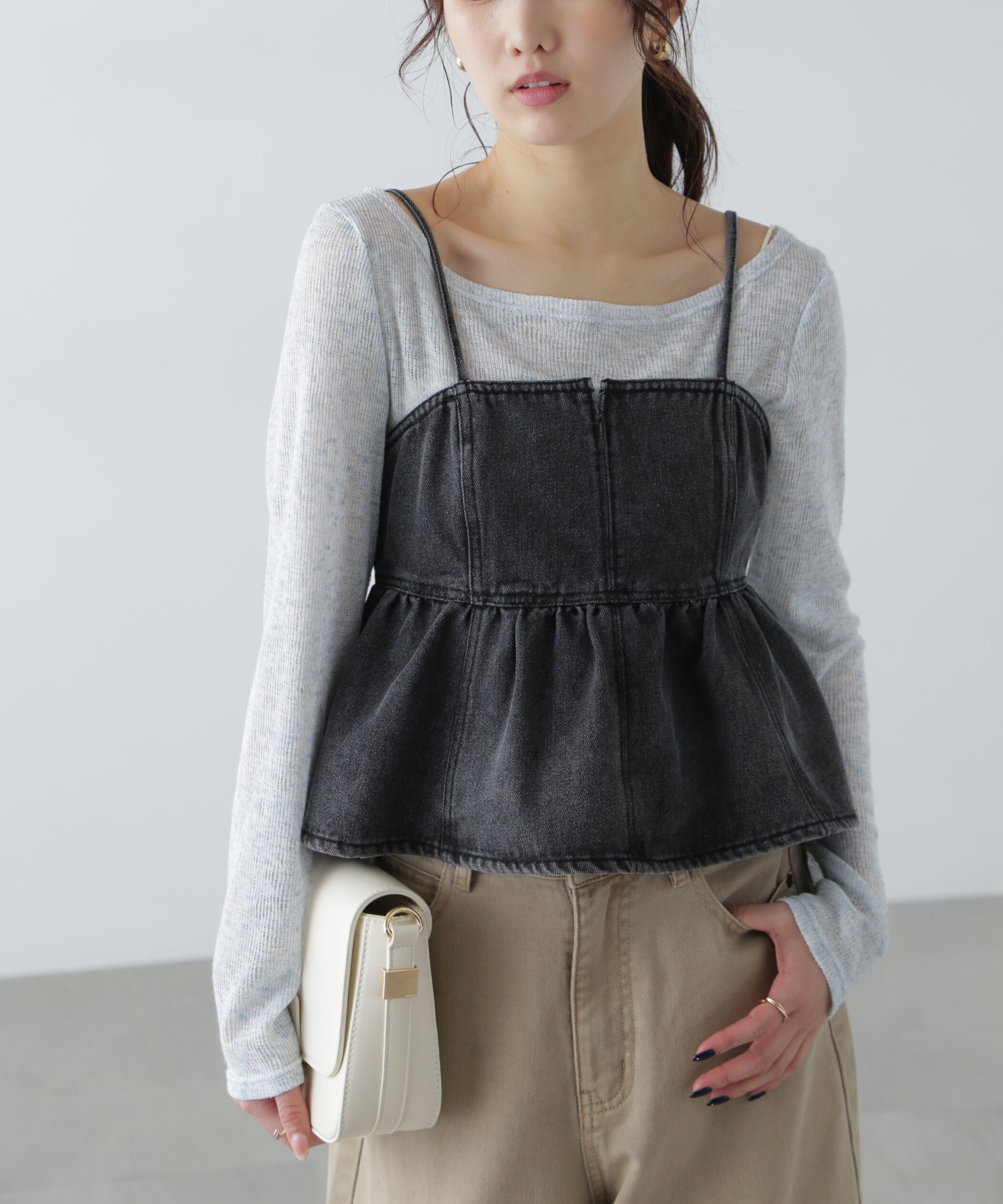 「ペプラムギャザーデニムビスチェ」|シャツ・ブラウス|