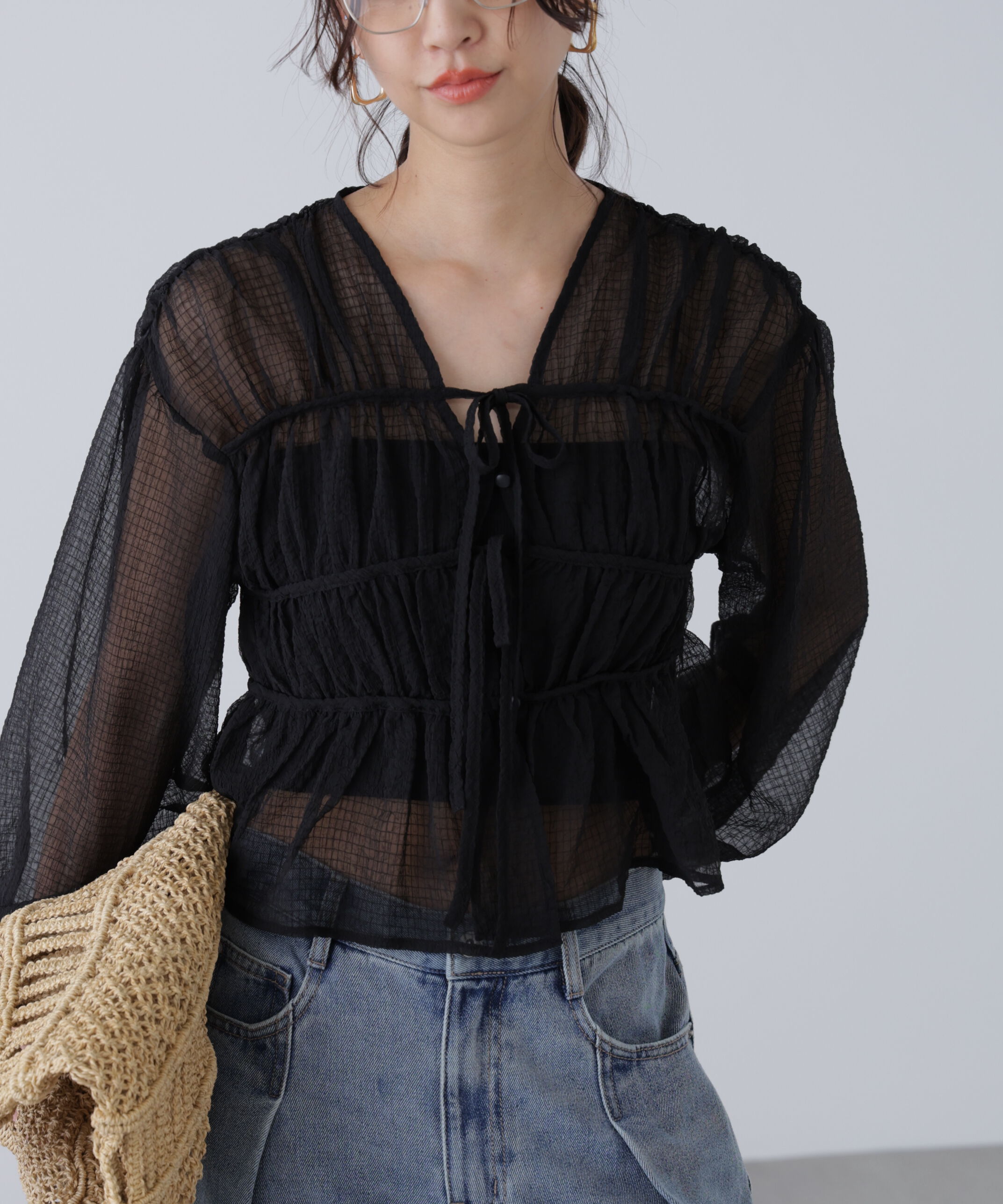  「シアーチェックギャザーリボン開きブラウス」|シャツ・ブラウス|