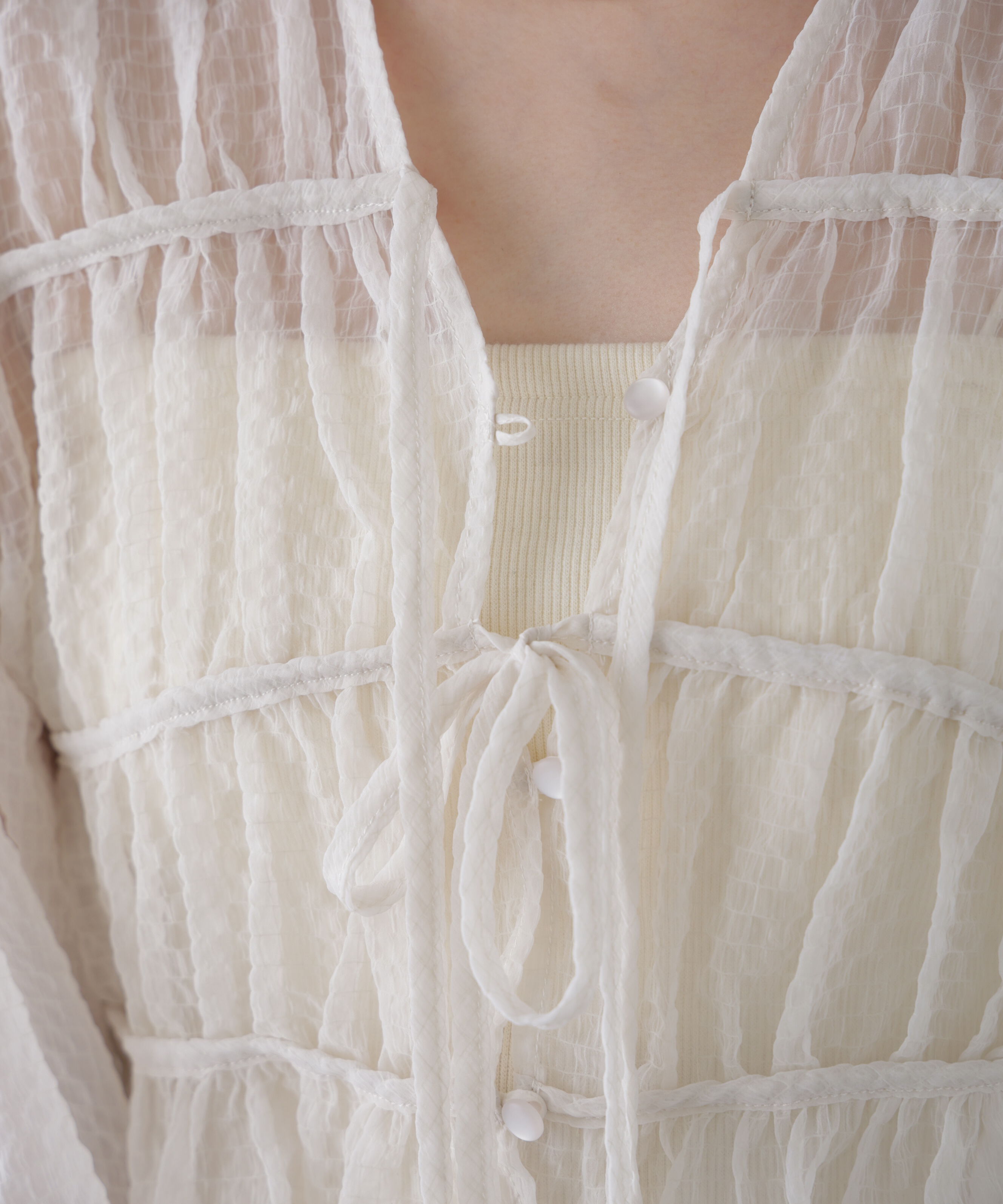  「シアーチェックギャザーリボン開きブラウス」|シャツ・ブラウス|