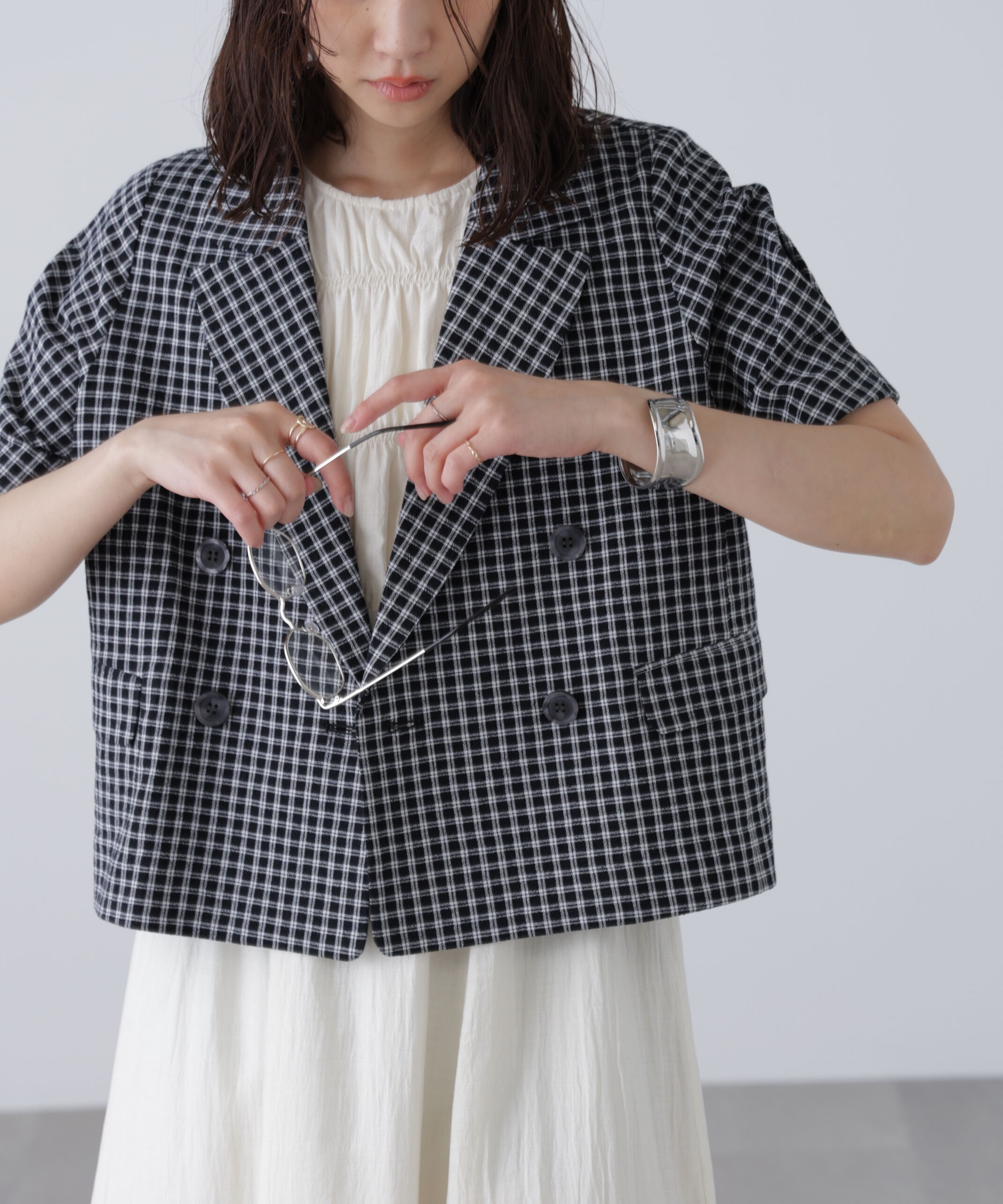  「袖コクーンダブルブレストハーフジャケット」|その他|