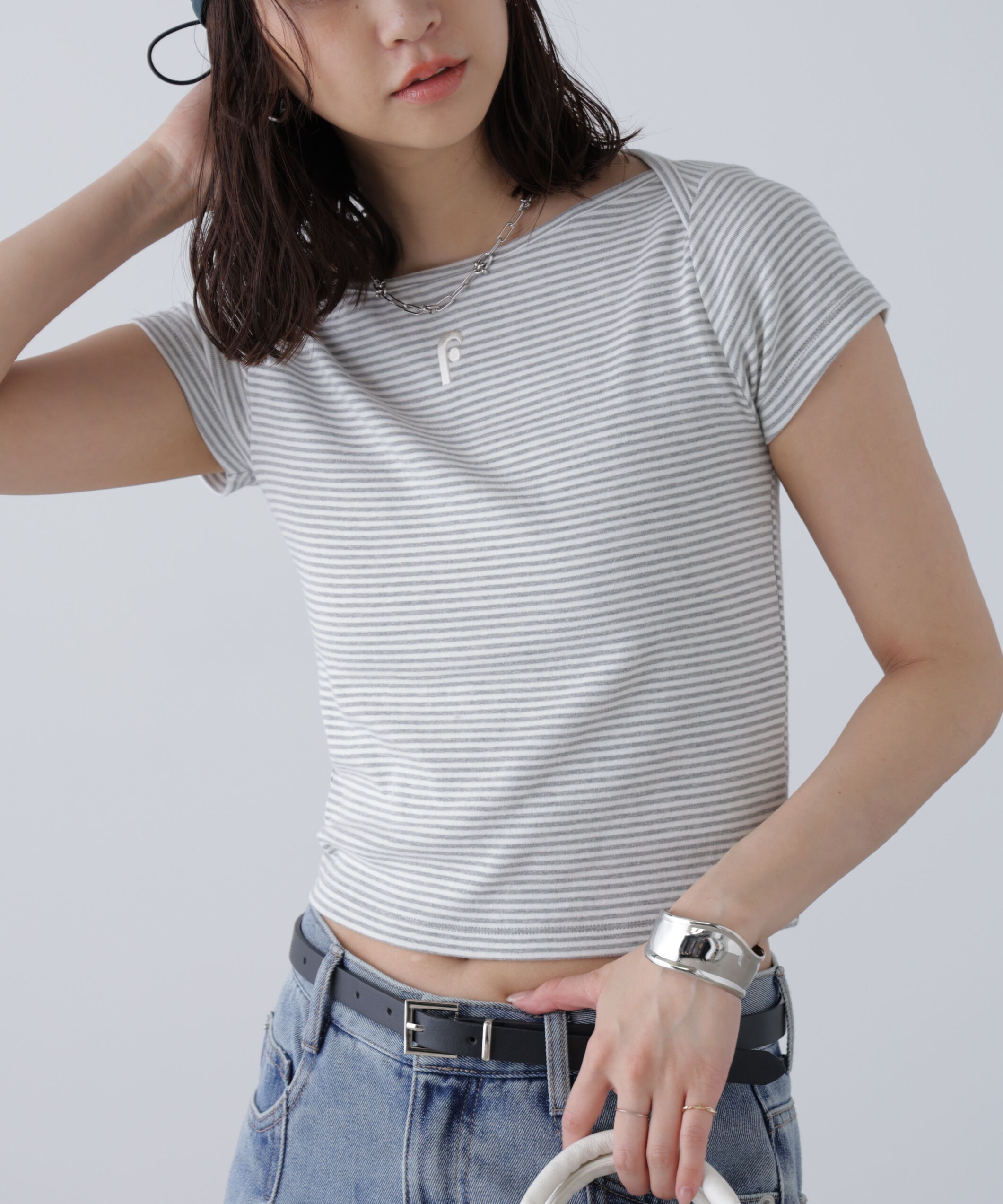  「ワンポイント刺繍ボートネックカットソー」|Tシャツ・カットソー|