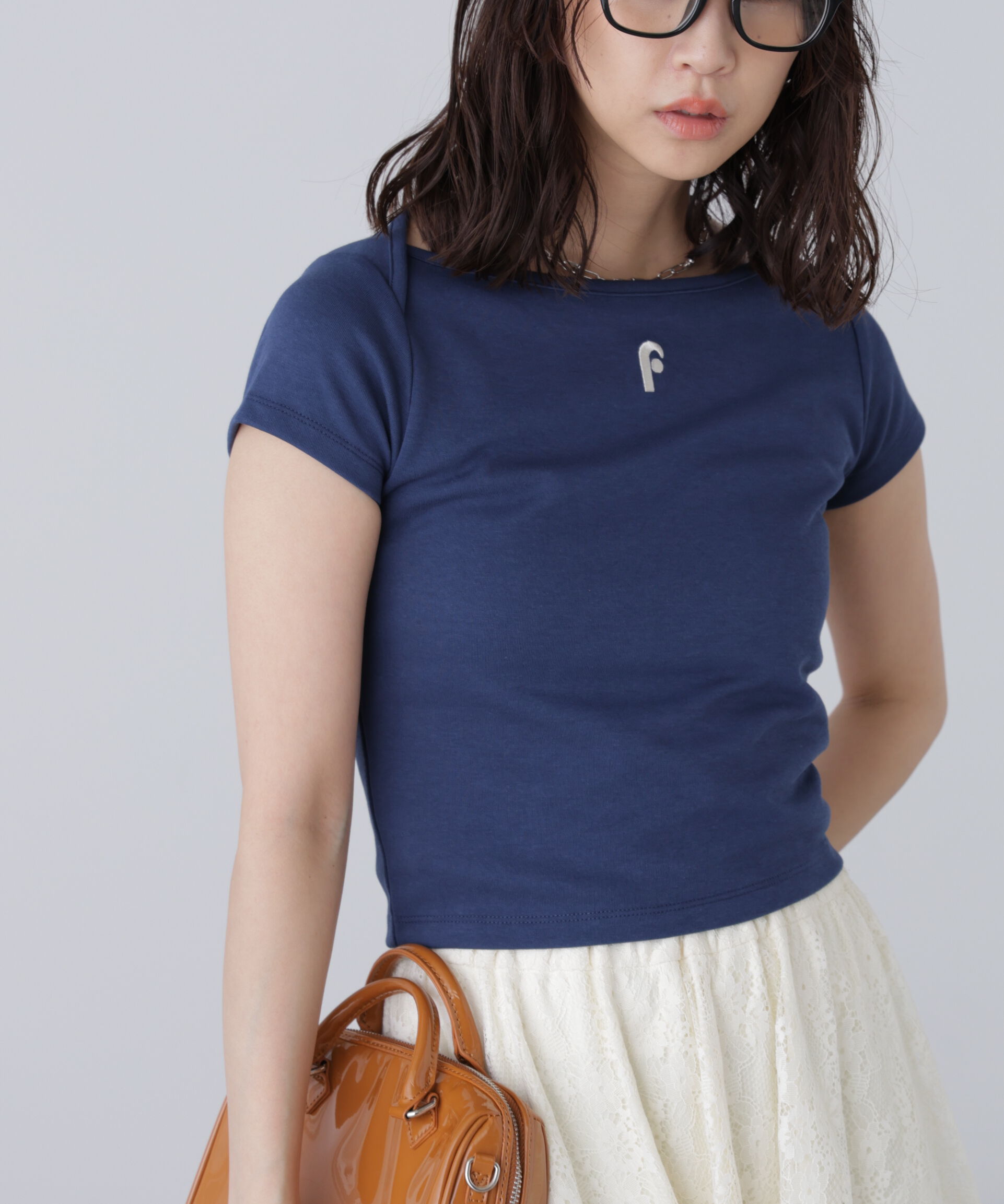  「ワンポイント刺繍ボートネックカットソー」|Tシャツ・カットソー|ネイビー