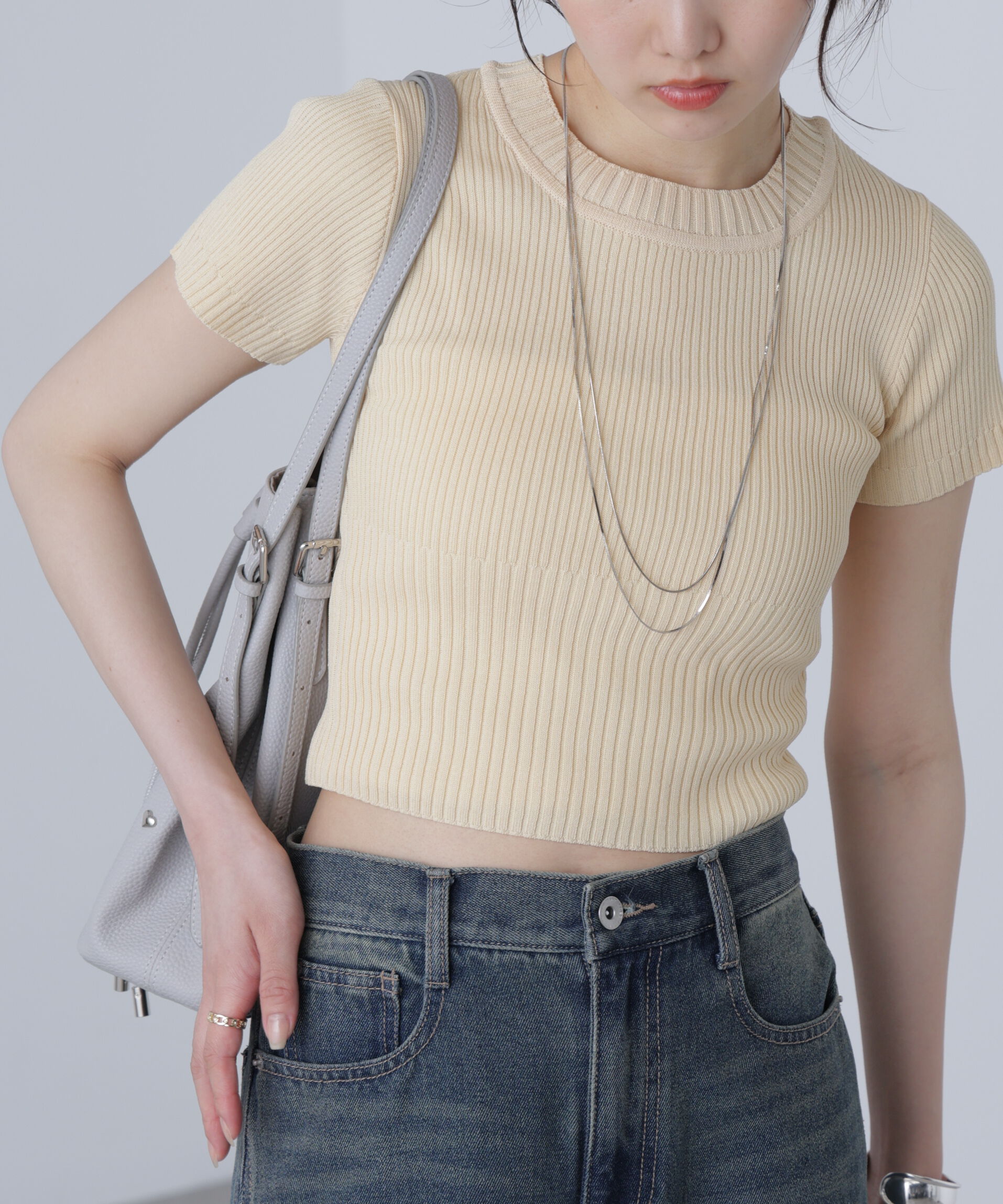  「ショート丈クルーネックリブニット」|ニット・セーター|イエロー