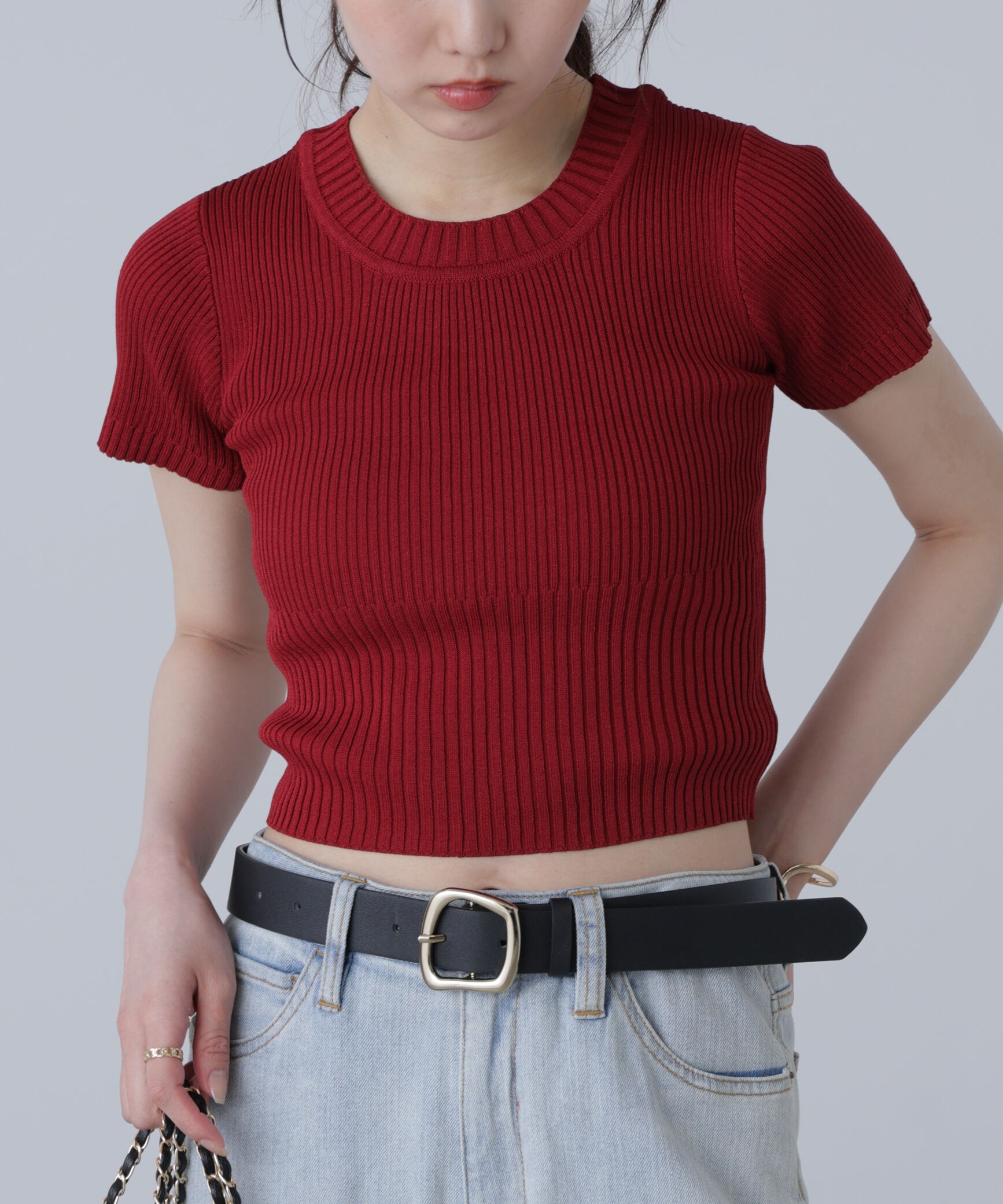  「ショート丈クルーネックリブニット」|ニット・セーター|