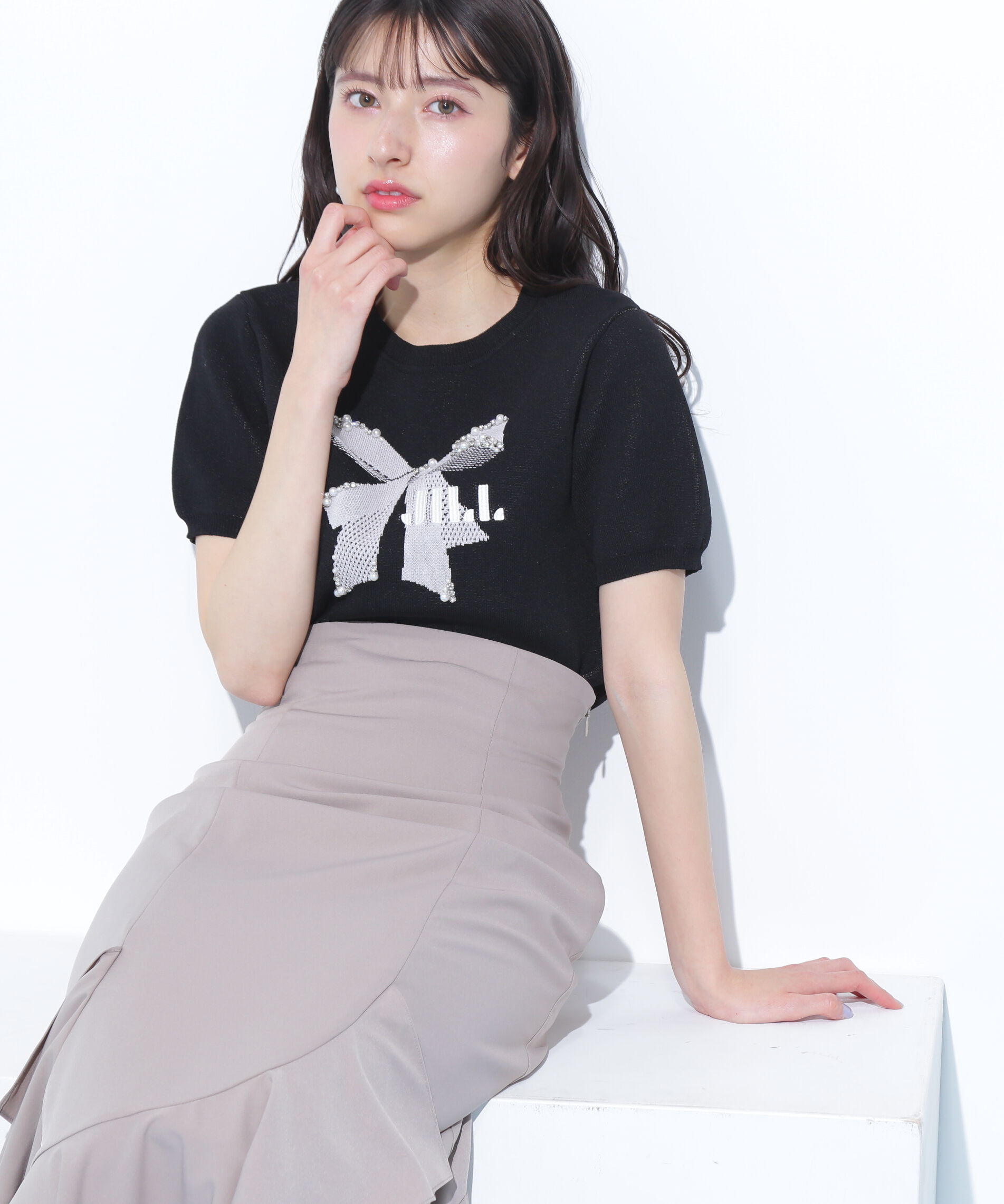  「リボンジャガードビジューニットトップス」|ニット・セーター|