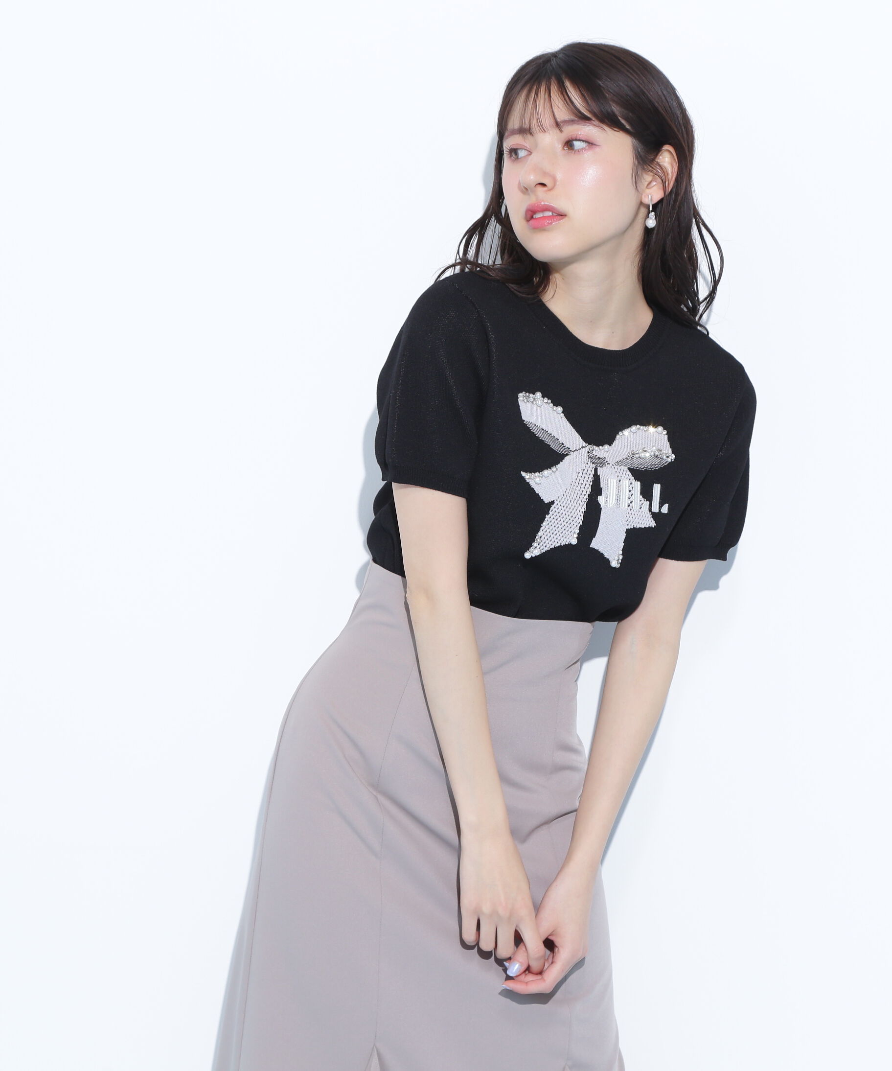  「リボンジャガードビジューニットトップス」|ニット・セーター|