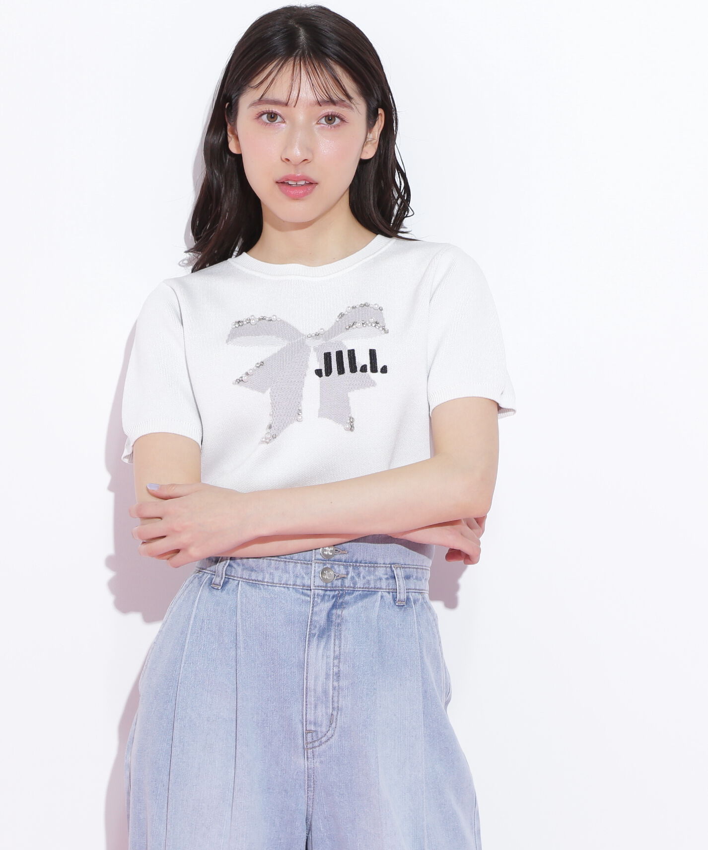  「リボンジャガードビジューニットトップス」|ニット・セーター|