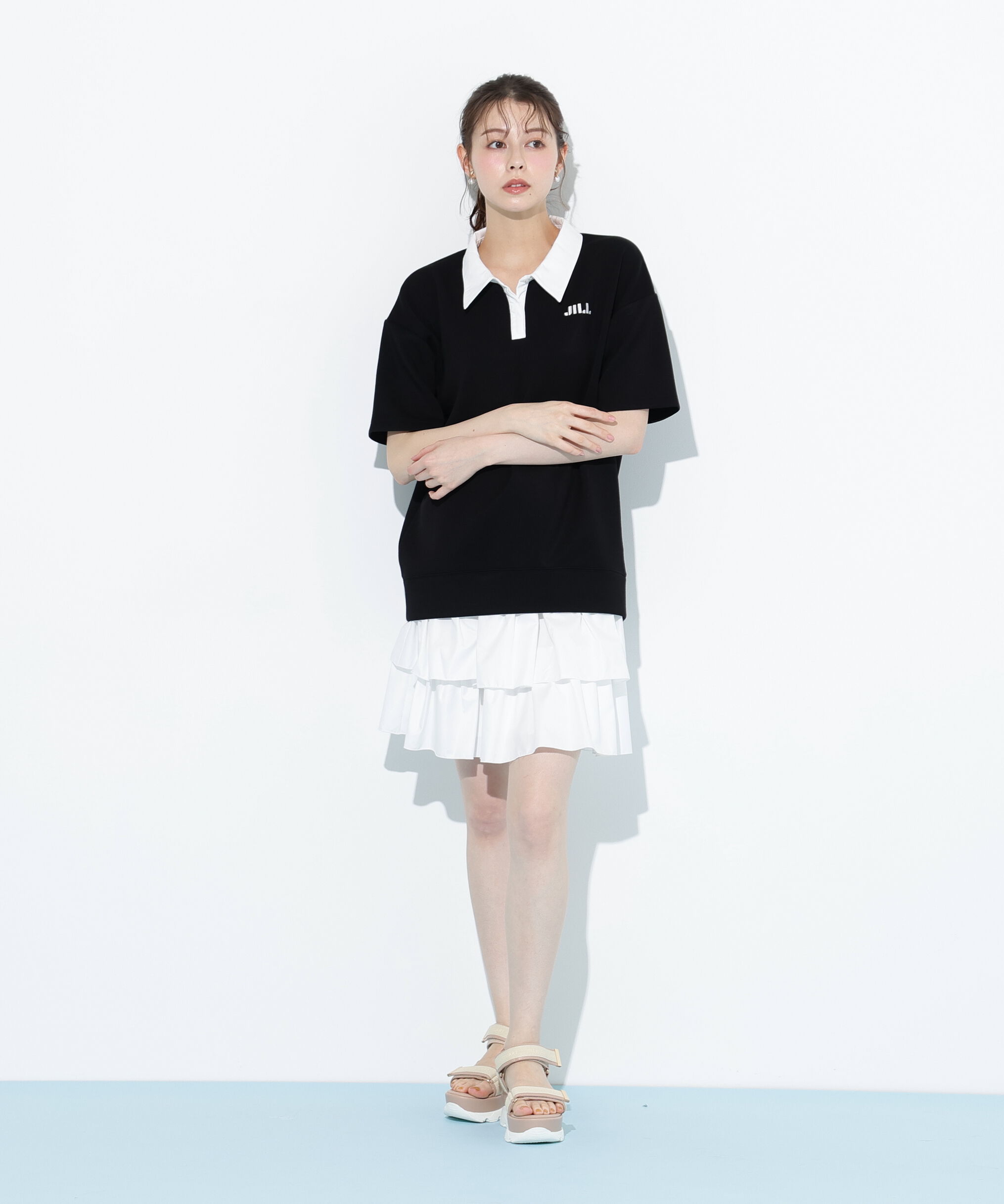  「五分袖ポロ衿スウェットフリルミニセットアップ」|ワンピース|