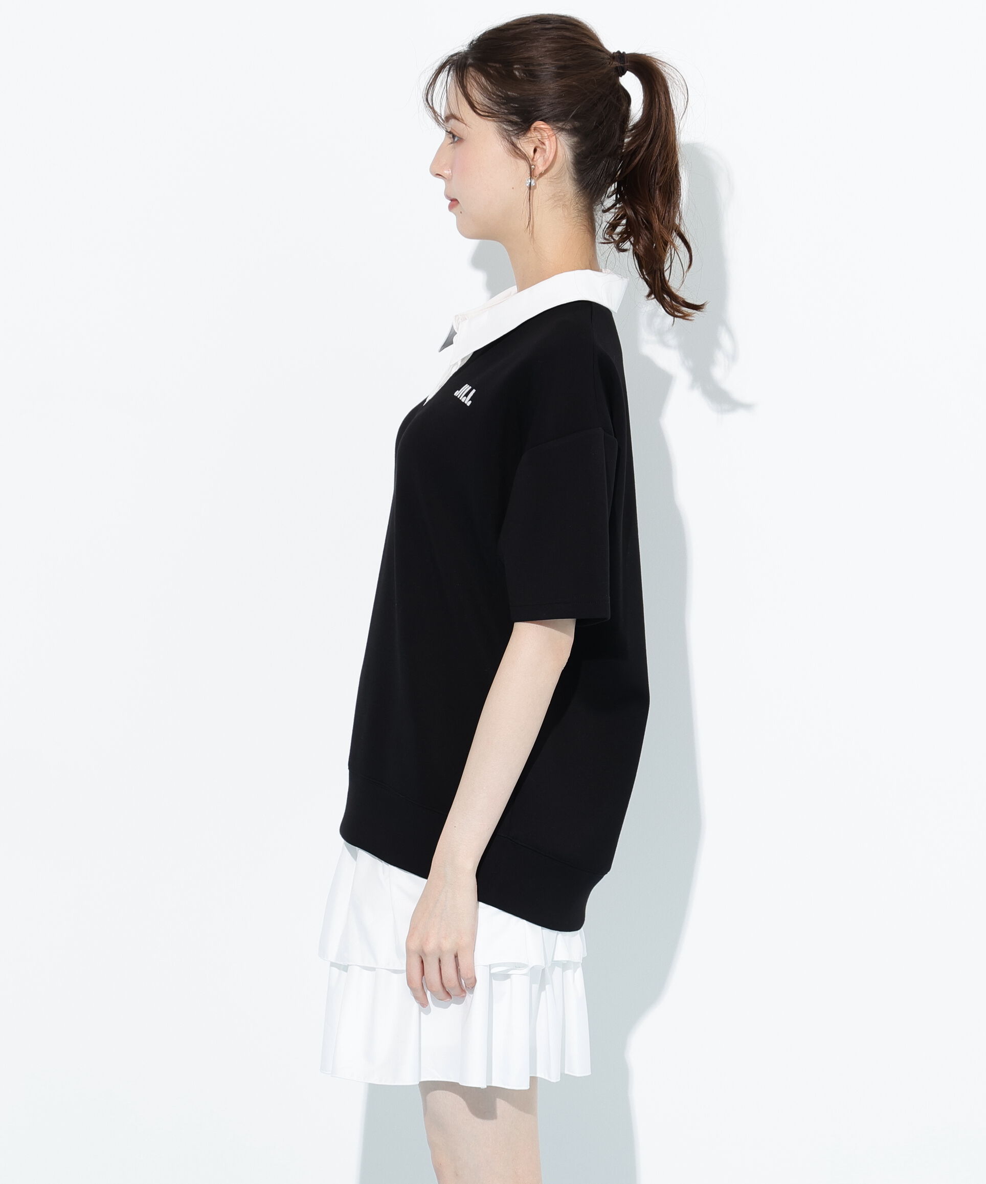  「五分袖ポロ衿スウェットフリルミニセットアップ」|ワンピース|