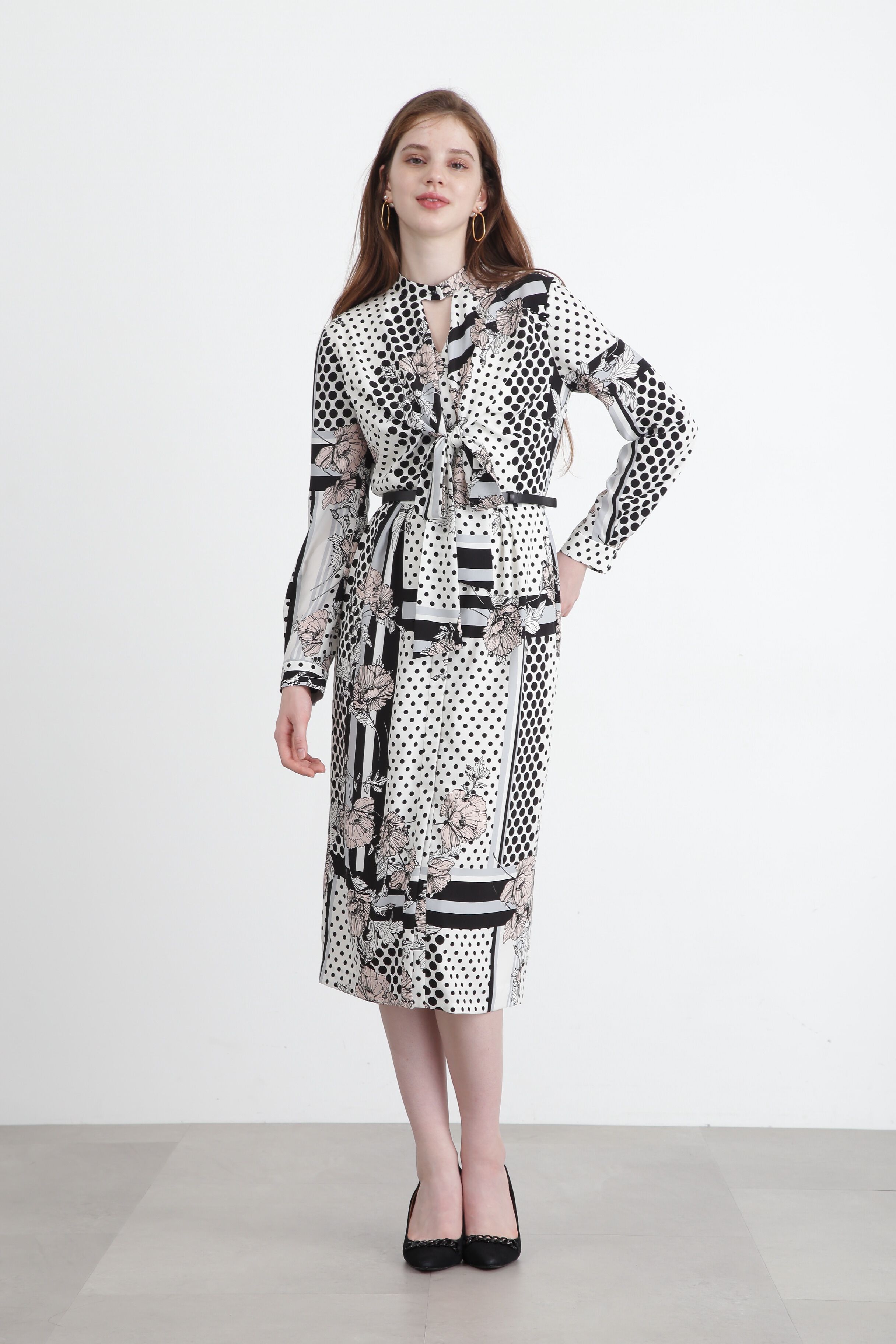  「◆ラインブロックフラワープリントワンピース」|ワンピース|