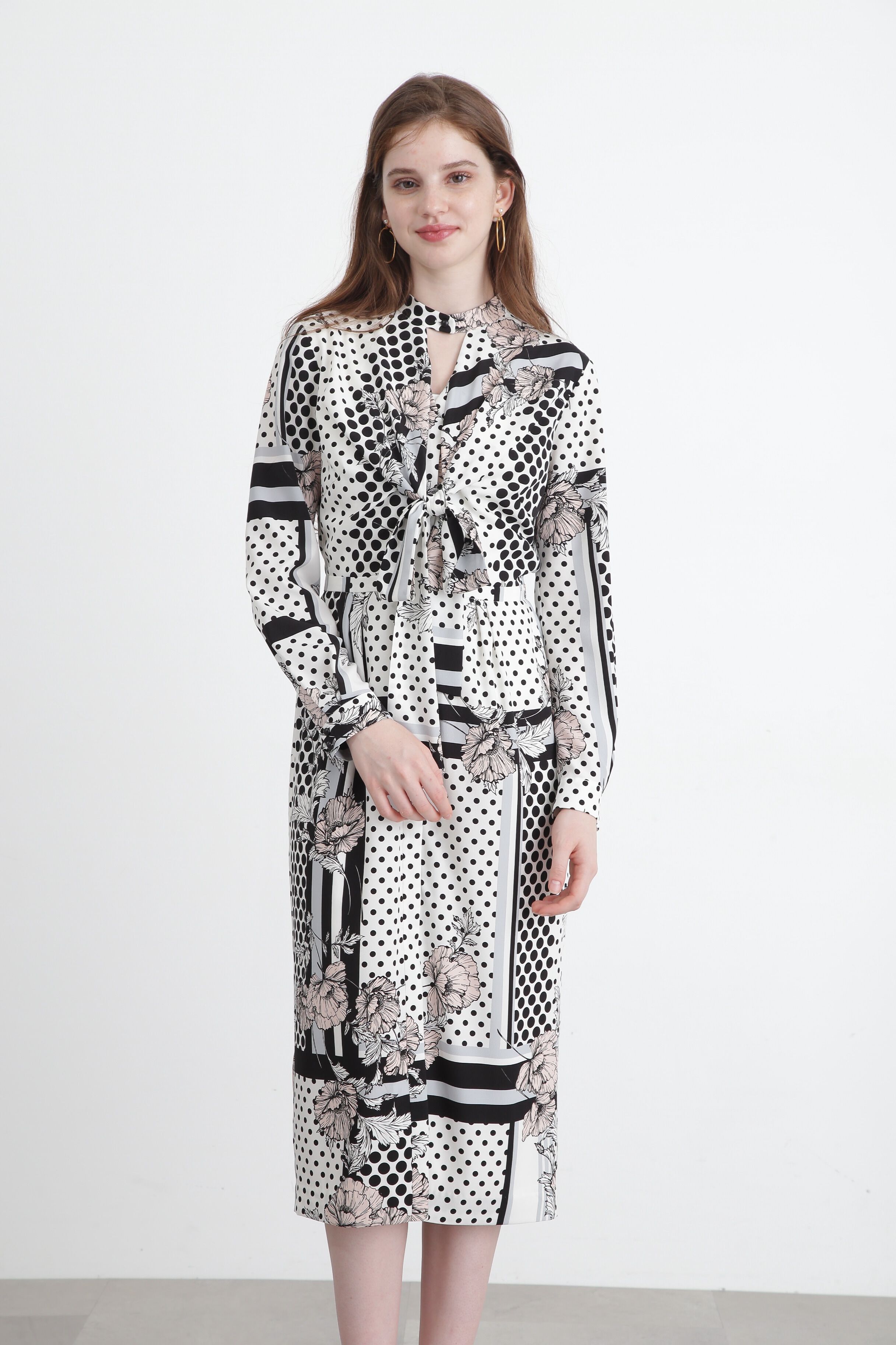  「◆ラインブロックフラワープリントワンピース」|ワンピース|