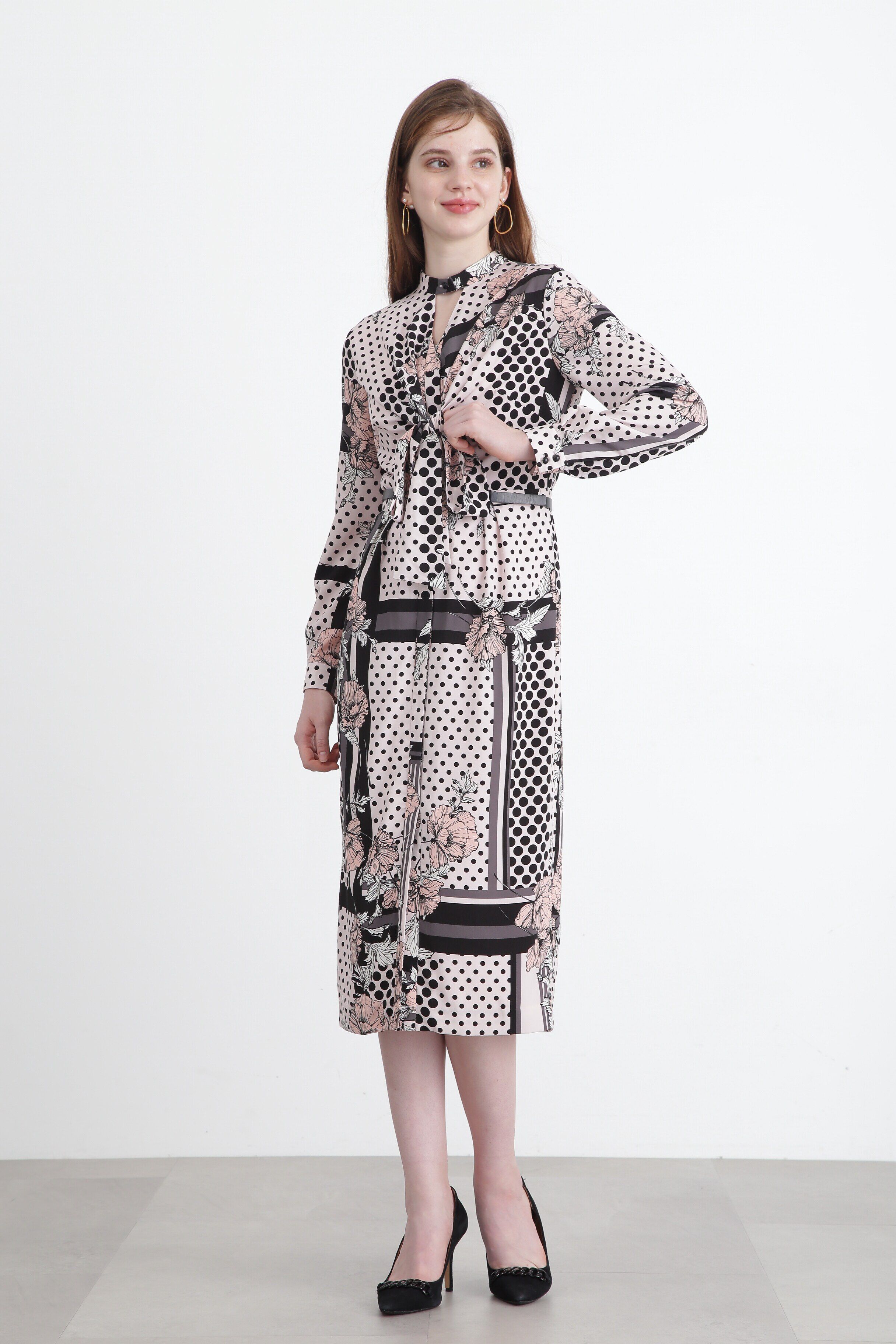  「◆ラインブロックフラワープリントワンピース」|ワンピース|