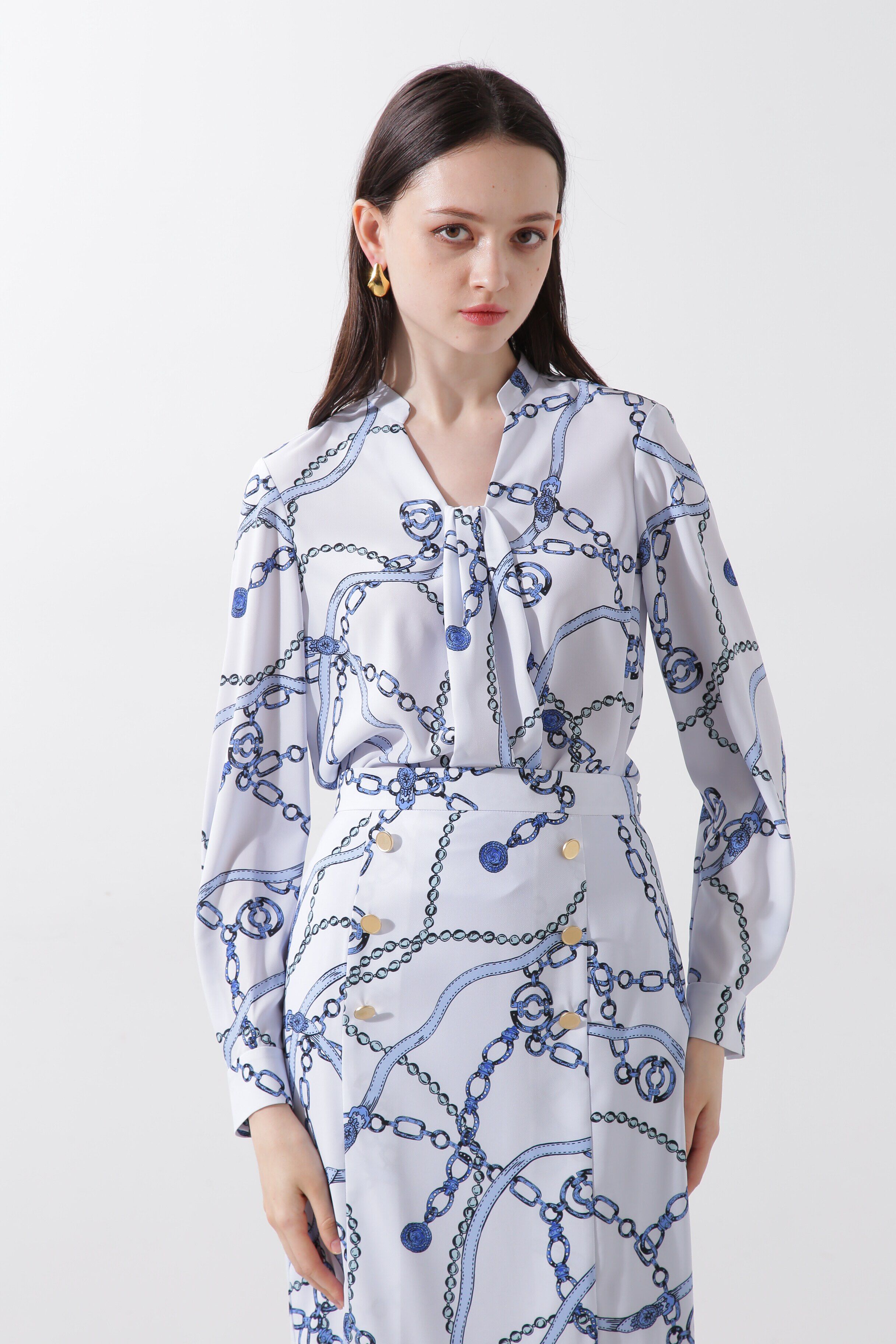  「◆チェーンプリントブラウス」|シャツ・ブラウス|ブルー
