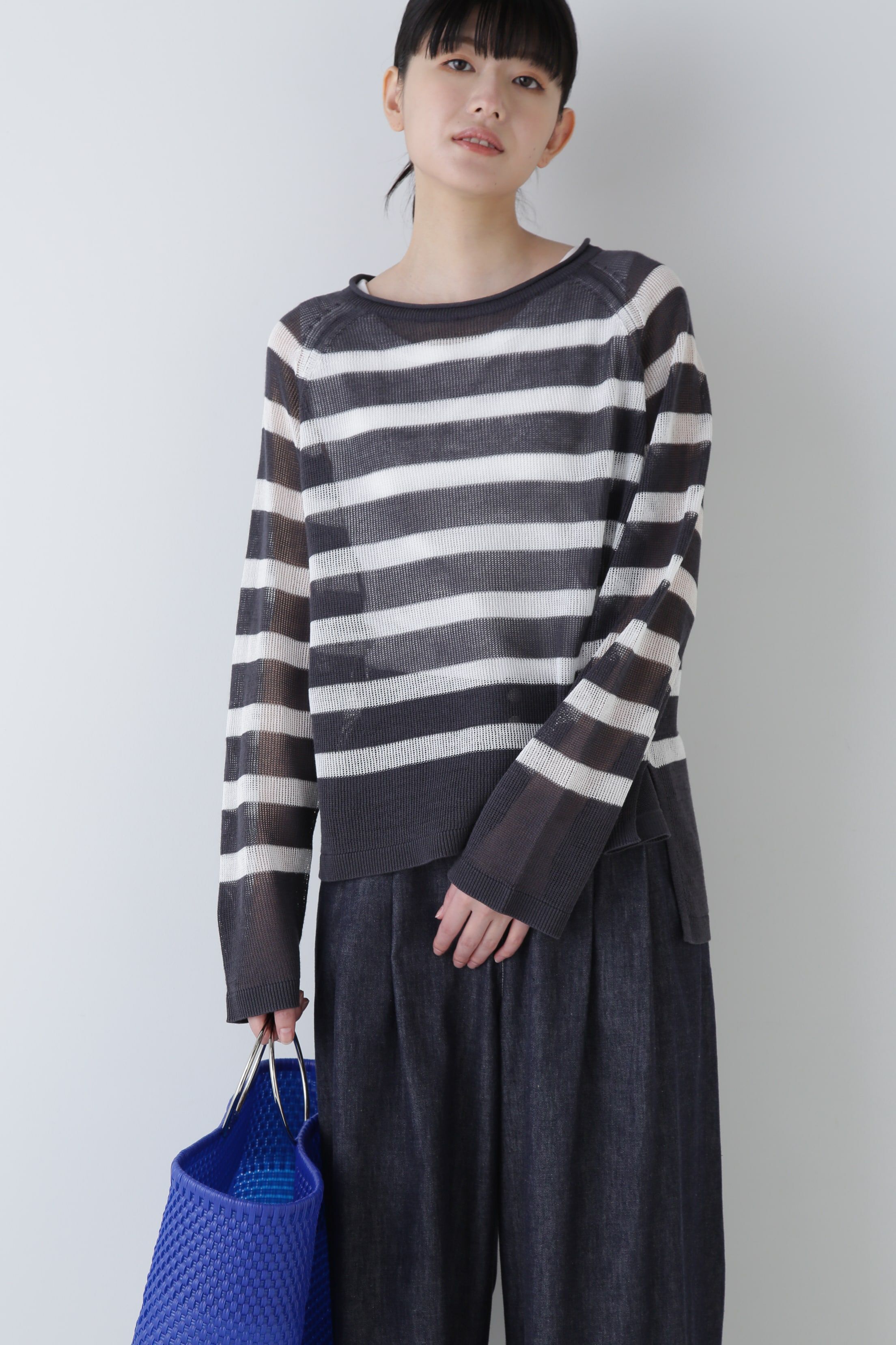  「◆ハイゲージギマボーダーニットプルオーバー」|ニット・セーター|チャコール&times;  4