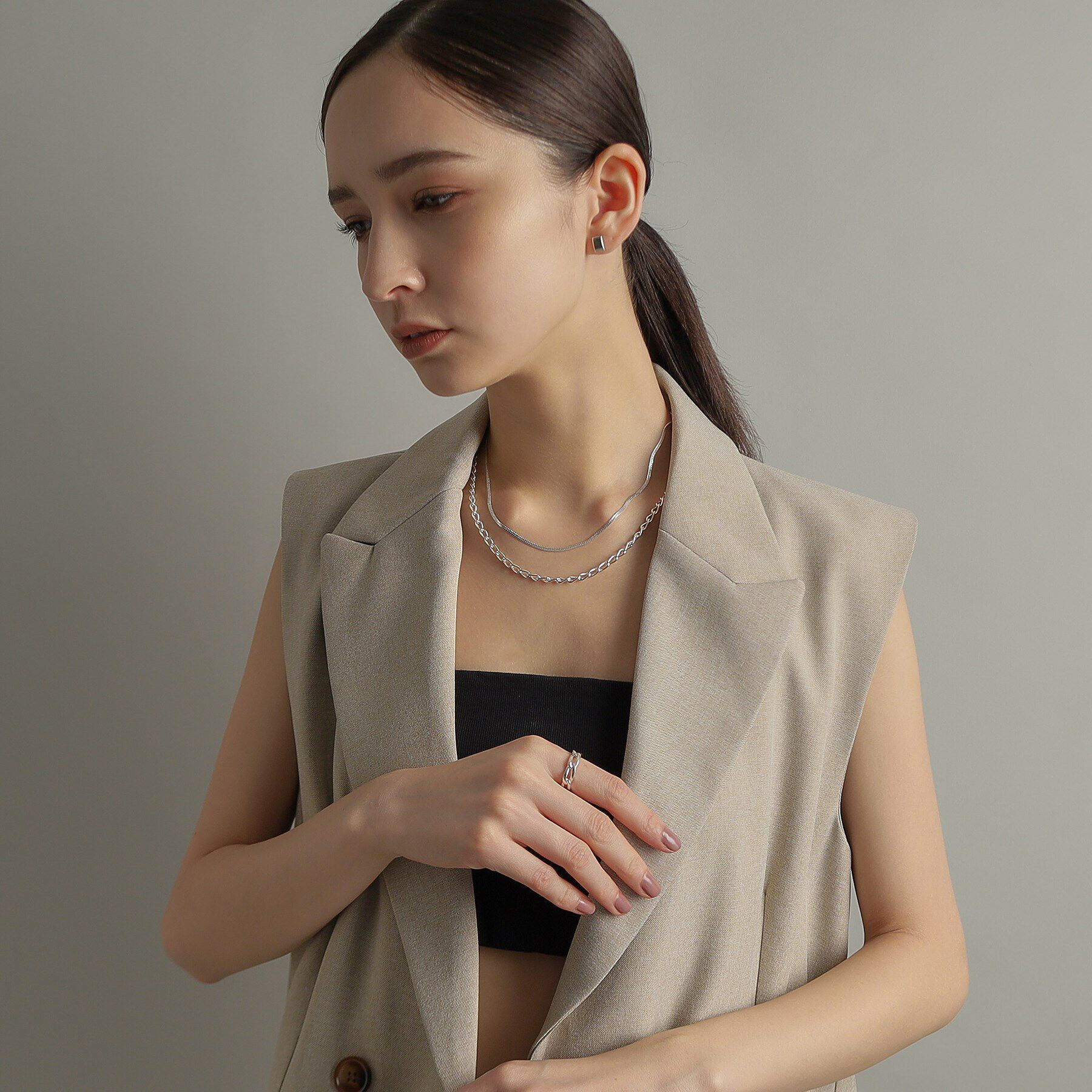 COCOSHNIK ONKITSCH「シルバー ロングカーブチェーンモチーフリング」|リング|