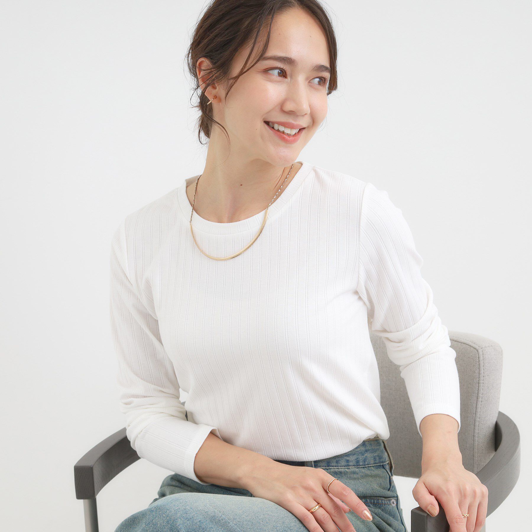 SHOO･LA･RUE「【S-LL】1枚でも、重ね着にも ワイドテレコ クルーネックインナー」|Tシャツ・カットソー|オフホワイト(003