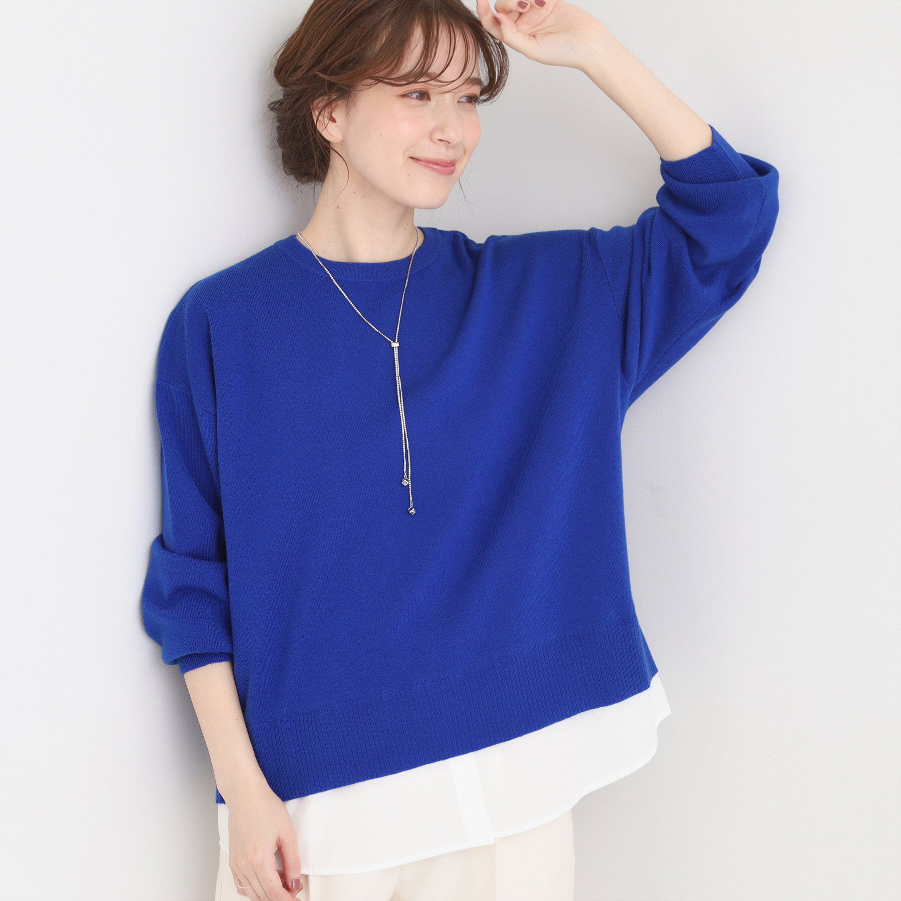 SHOO･LA･RUE「【洗濯機可/毛玉になりにくい】一枚で簡単こなれ見え 裾フェイクレイヤード風ニット」|ニット・セーター|ブルー(093)