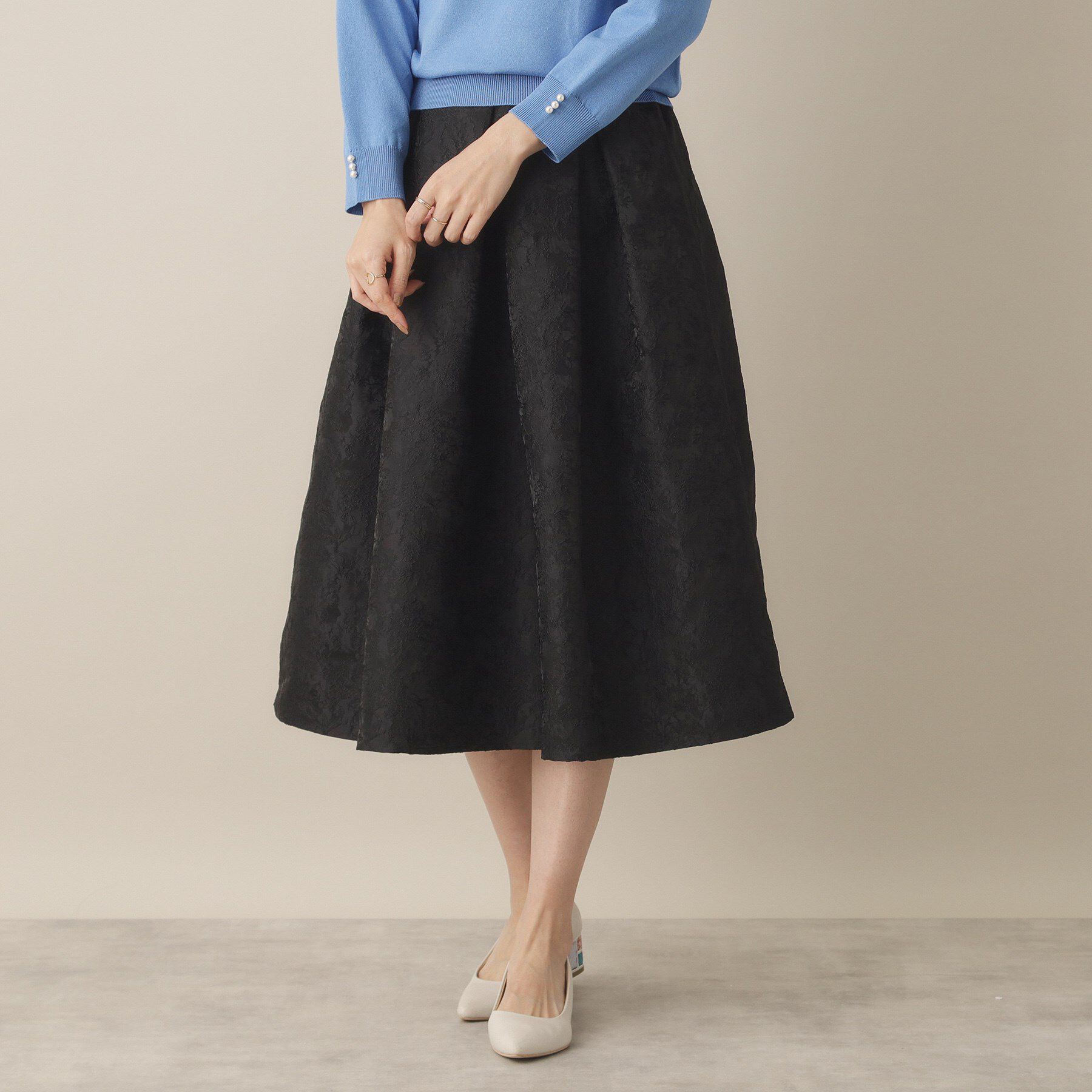 ITS&rsquo;DEMO「【通勤／後ろウエストゴム／手洗い可】ジャカードタックスカート」|スカート|ブラック(019)