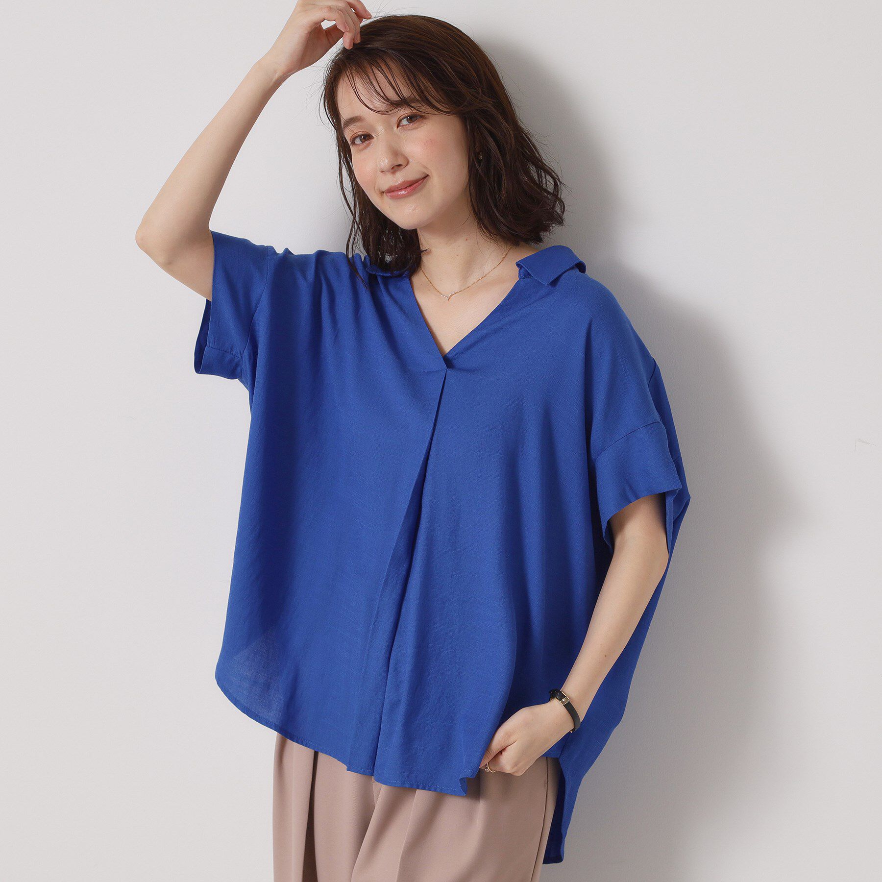 ITS&rsquo;DEMO「【接触冷感／手洗い可】強撚スラブスキッパーブラウス」|シャツ・ブラウス|ブルー(092)