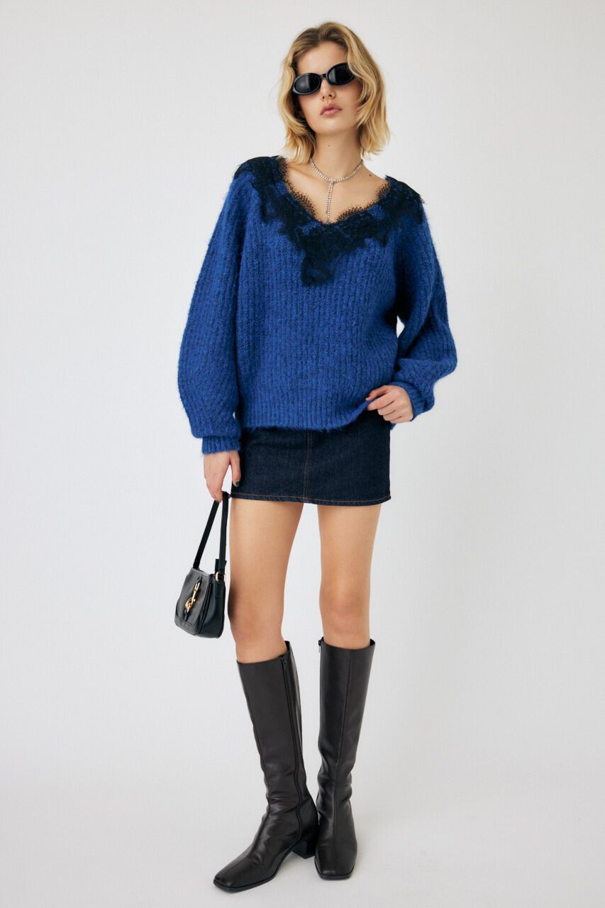 MOUSSY「LACE TRIMMED V NECK セーター」|ニット・セーター|D/BLU3