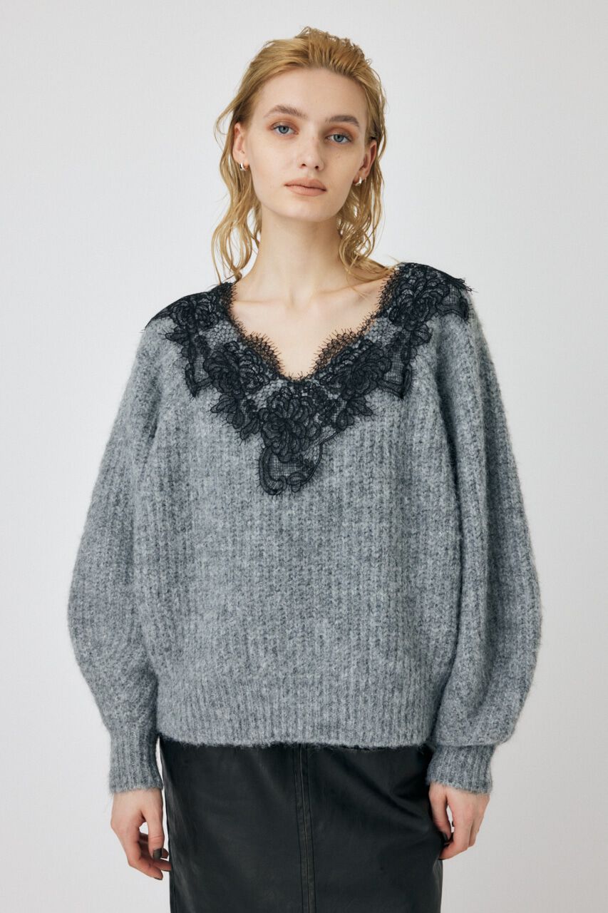 MOUSSY「LACE TRIMMED V NECK セーター」|ニット・セーター|GRY