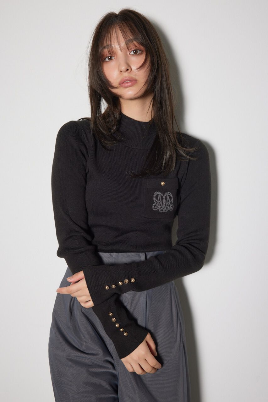 rienda「ポケット刺繍ニットトップス」|ニット・セーター|BLK