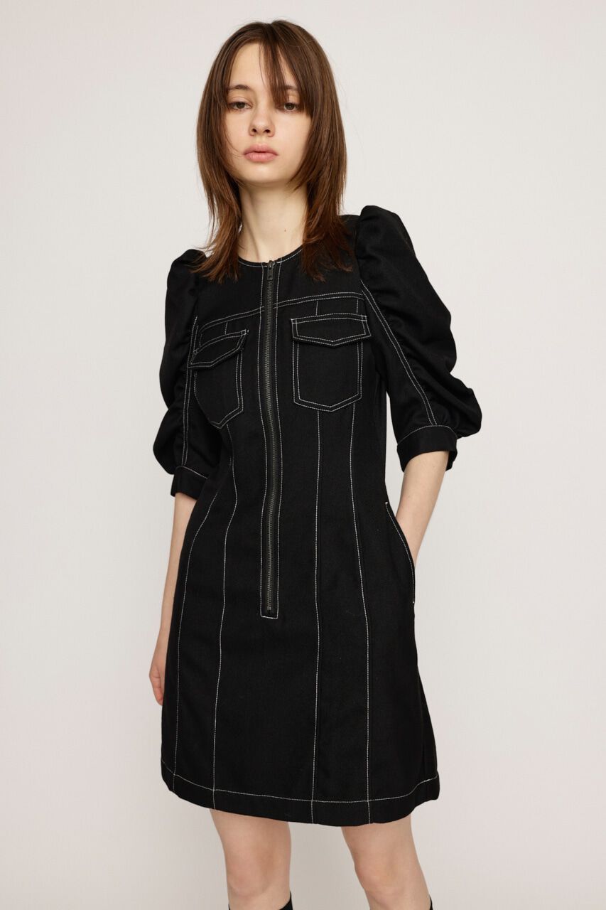 SLY「GATHER SLEEVE ZIP ショートワンピース」|ワンピース|BLK