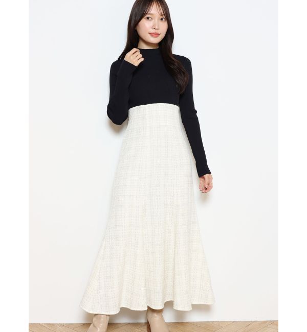 MERCURYDUO「異素材ドッキングバックレースアップニットワンピース」|ワンピース|アイボリー