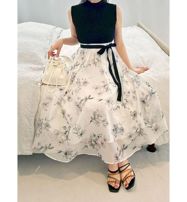 MERCURYDUO「フラワードッキングノースリワンピース」|ワンピース|オフホワイト