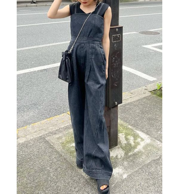 MURUA「デザインデニムロンパース」|オールインワン|ブラック